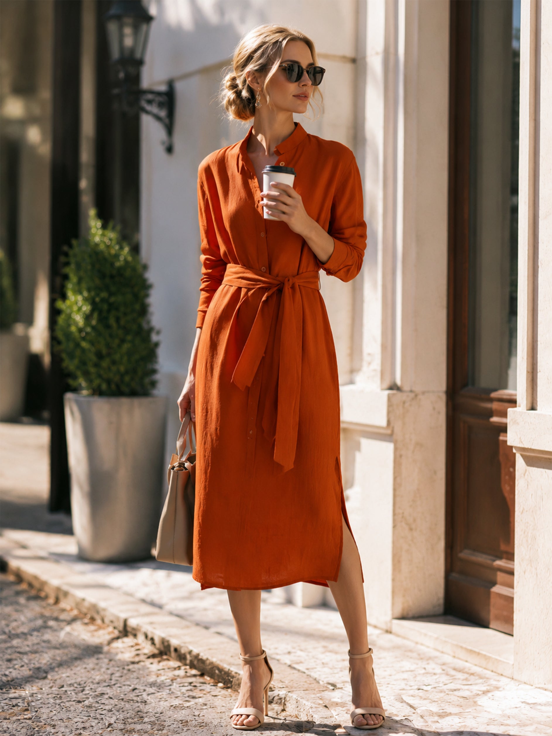 Terracotta Linen Long Sleeve Shirt Midi Dress