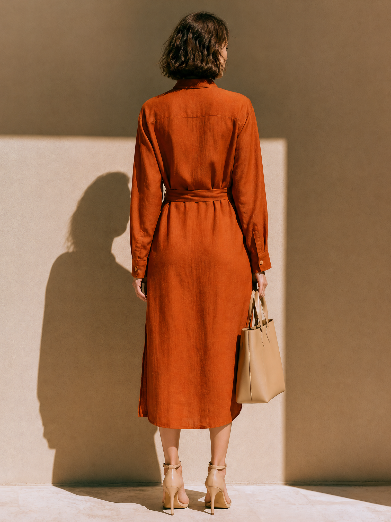 Terracotta Linen Long Sleeve Shirt Midi Dress
