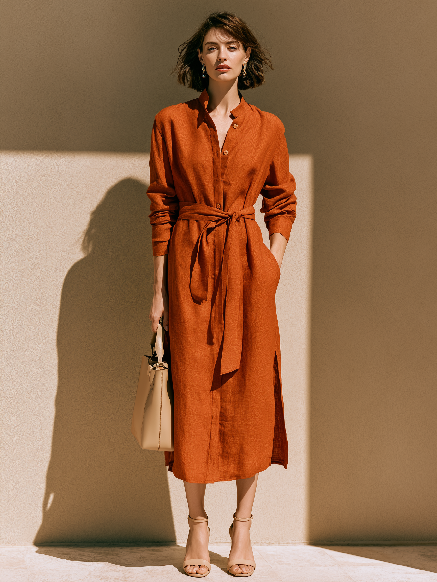 Terracotta Linen Long Sleeve Shirt Midi Dress