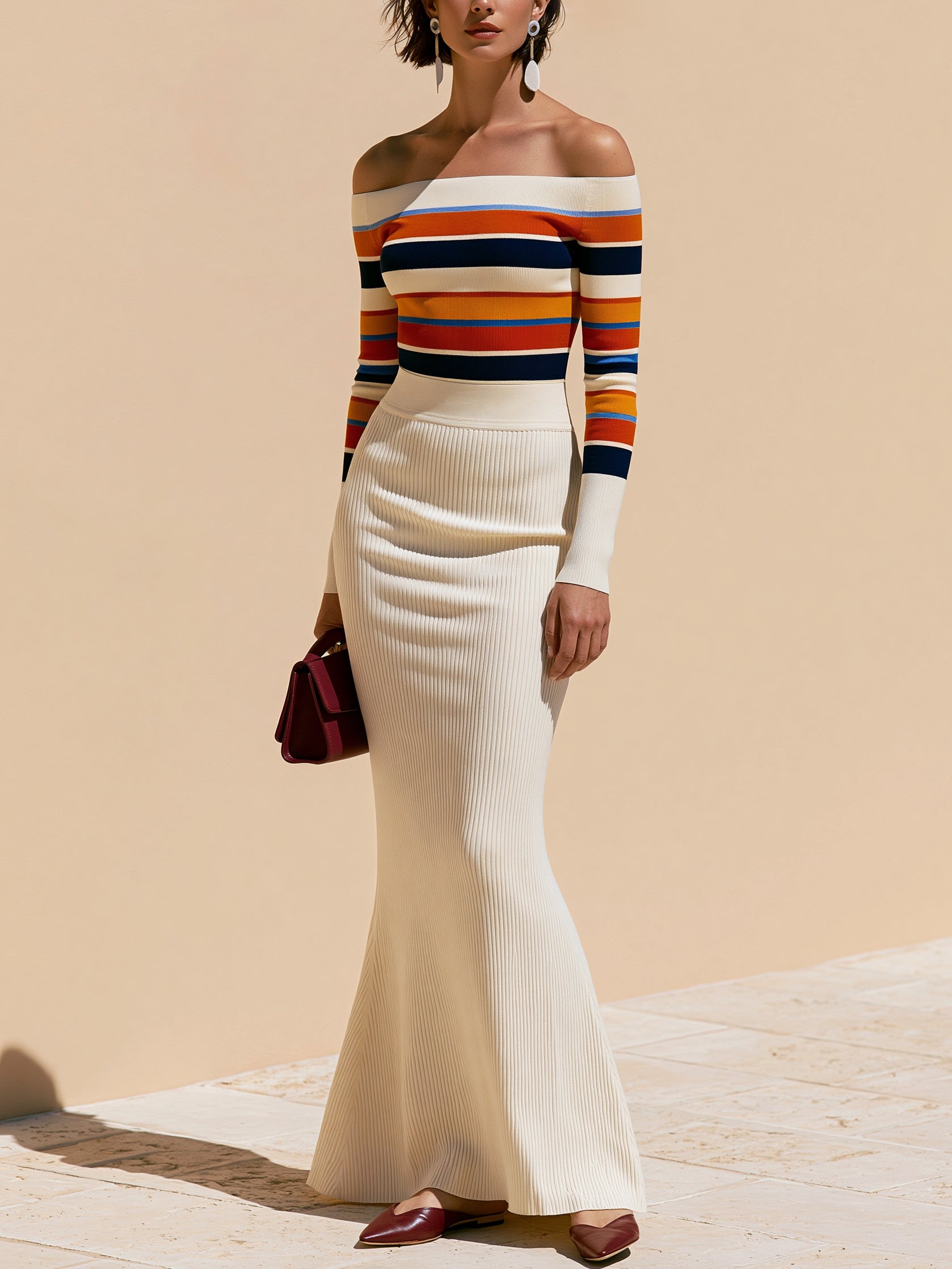 Retro Stripe Off-Shoulder Long Sleeve Top & Ivory Flared Mermaid Maxi Skirt Set