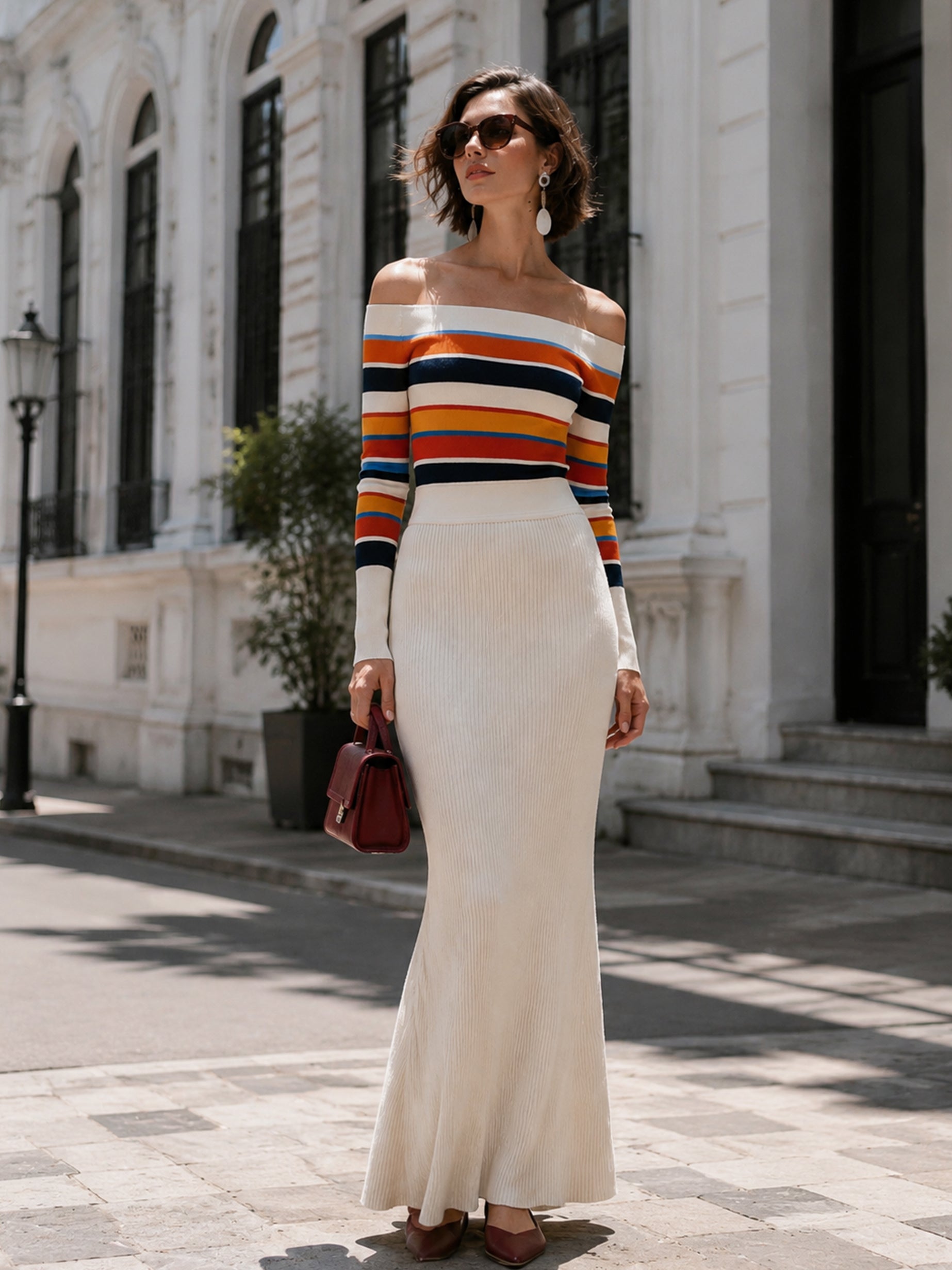 Retro Stripe Off-Shoulder Long Sleeve Top & Ivory Flared Mermaid Maxi Skirt Set