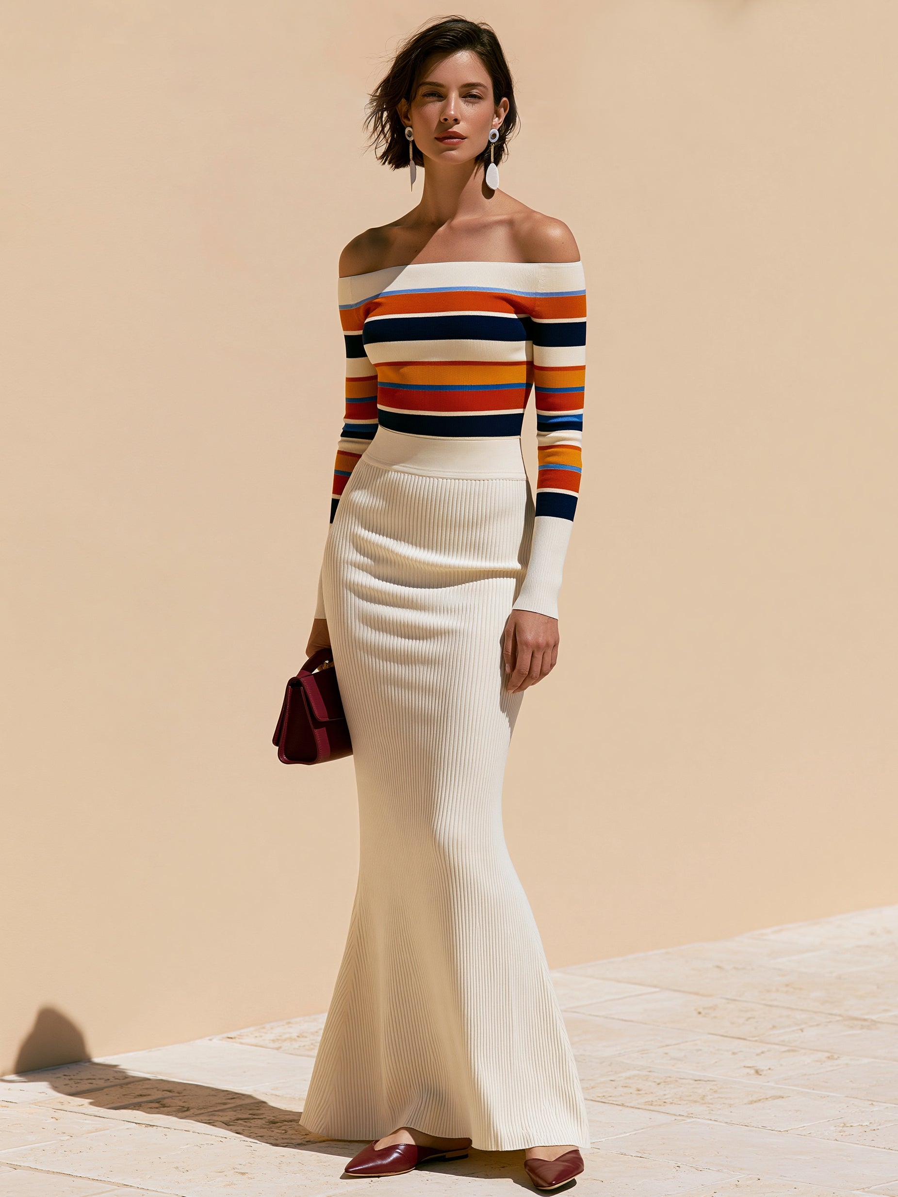 Retro Stripe Off-Shoulder Long Sleeve Top & Ivory Flared Mermaid Maxi Skirt Set