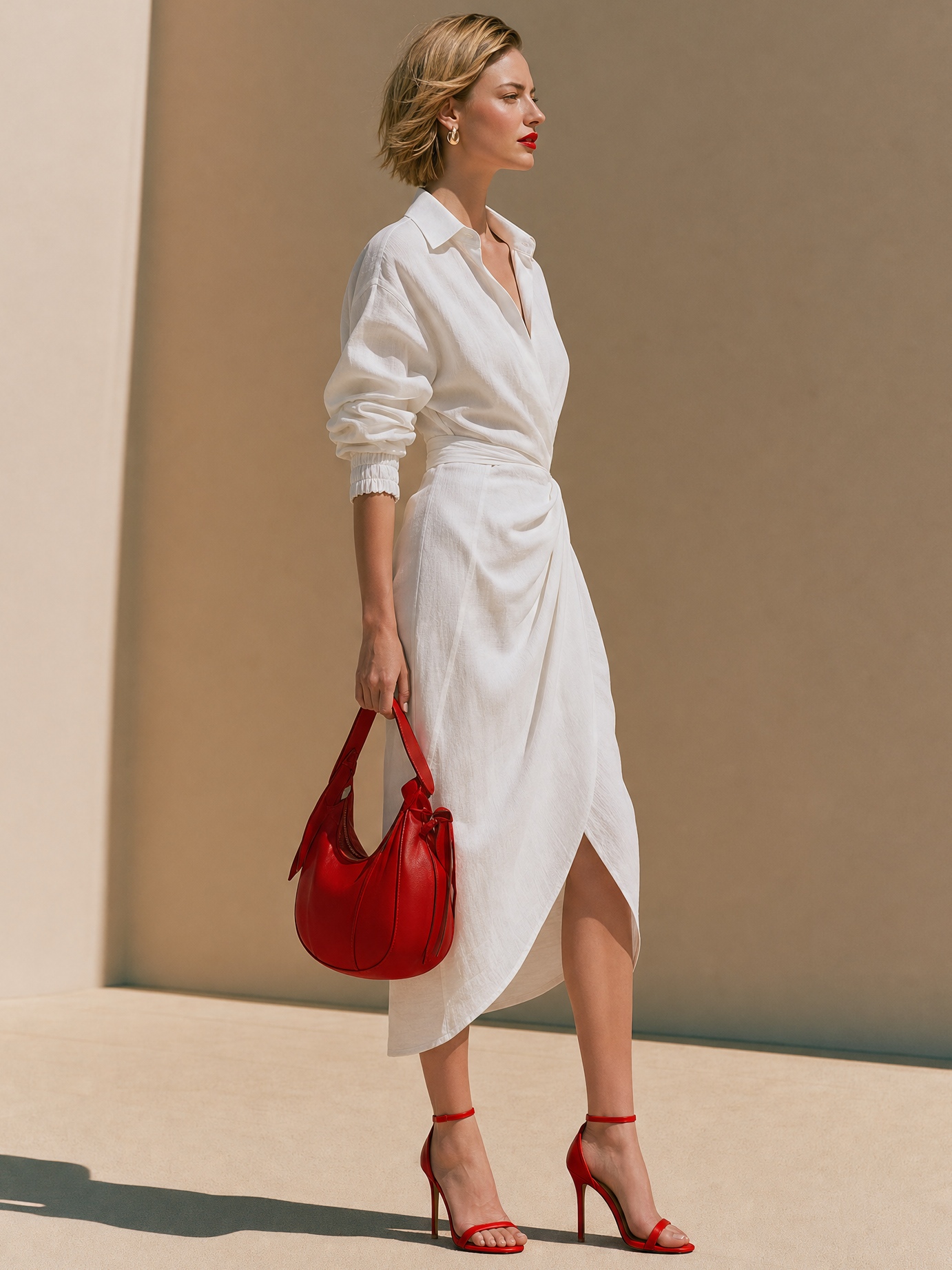 Elegant White  Wrap Shirt Midi Dress With Puff Sleeves & Smocked Cuffs