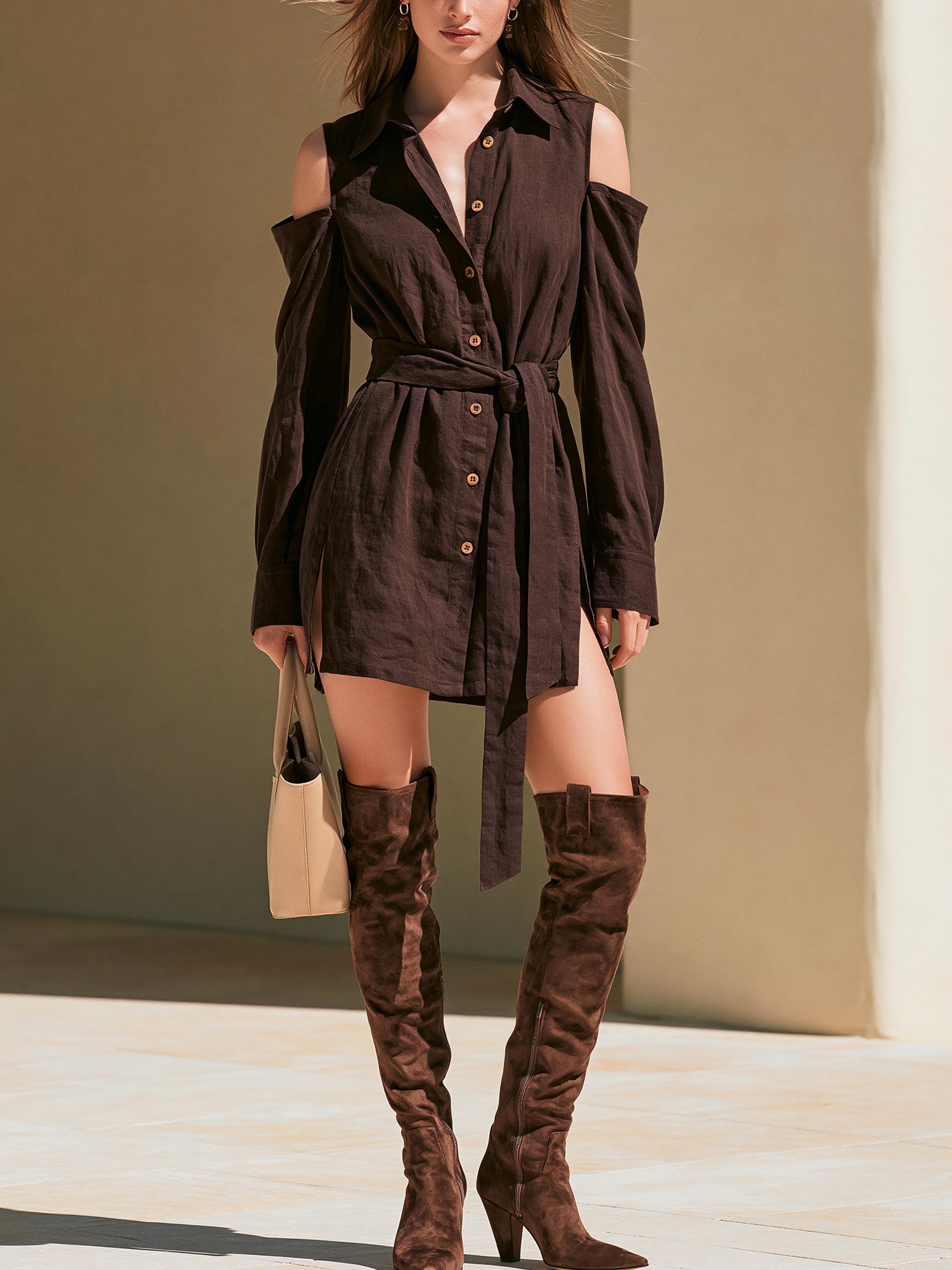 Dark Cocoa Linen Shirt Long Sleeve Side Split Mini Dress