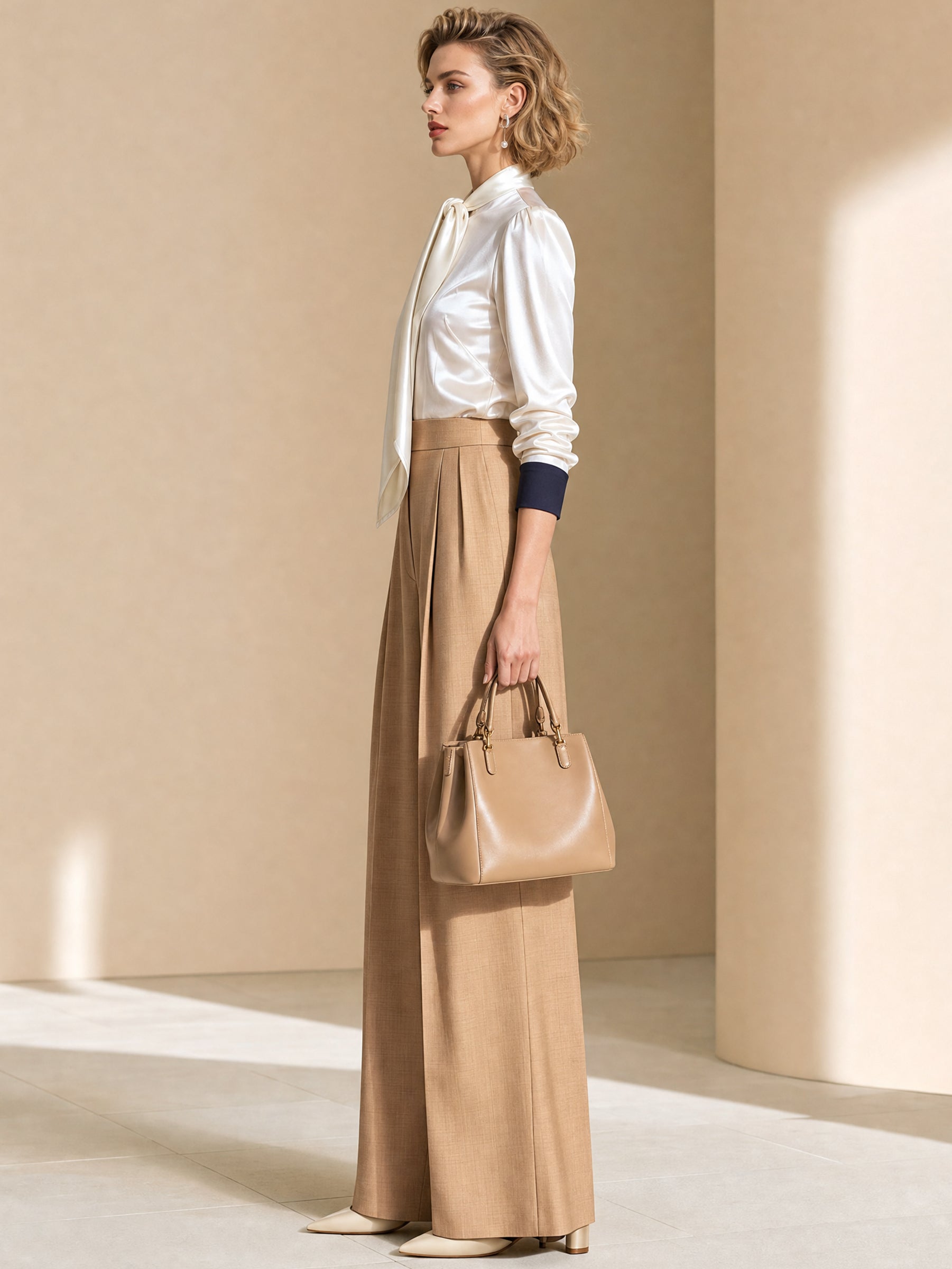 Neck Tie Contrast Cuff Blouse & Camel High Waist Wide Leg Trousers Set