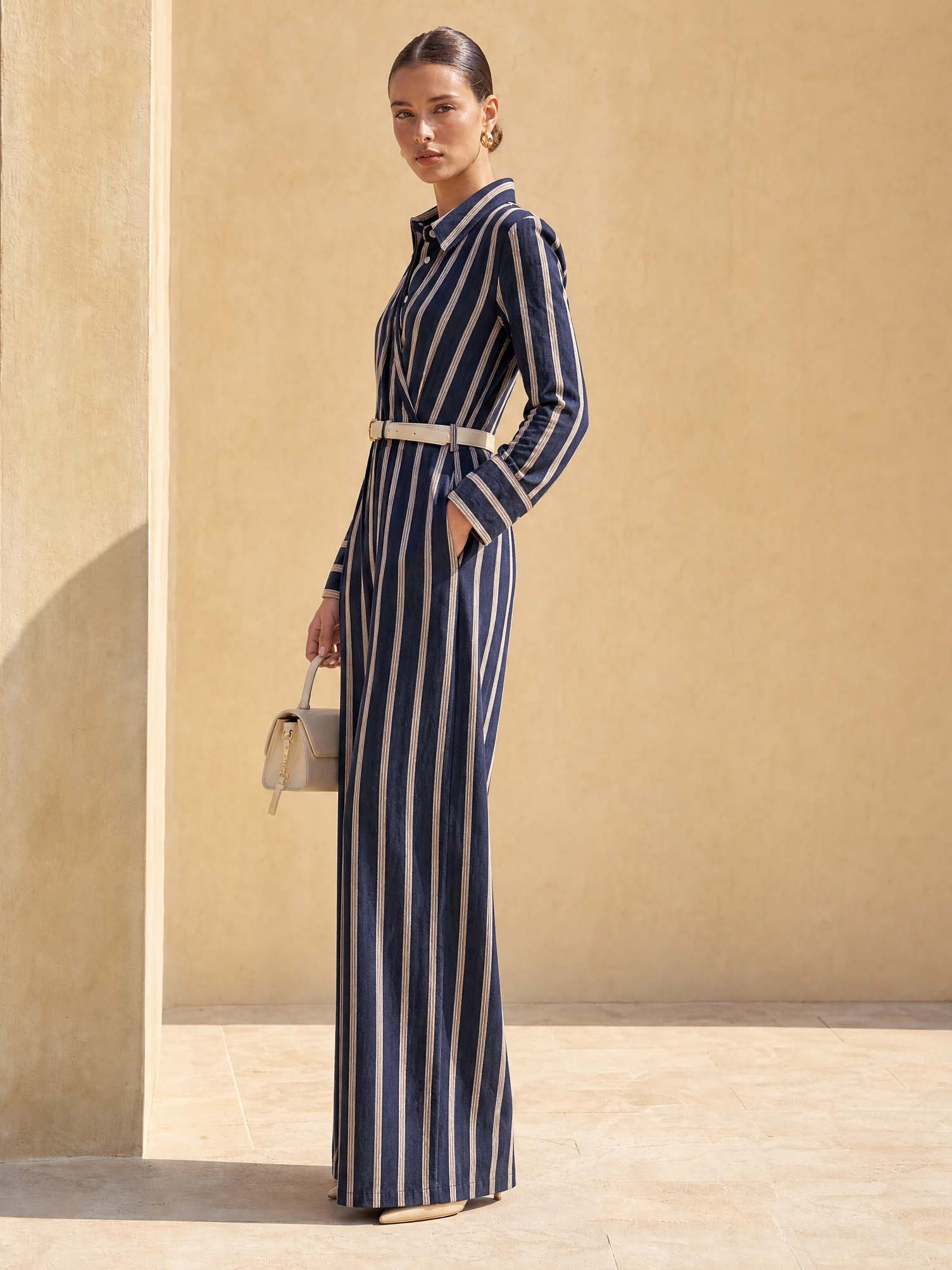 Striped Cotton Wrap Jumpsuit With Detachable Leather Waist Belt
