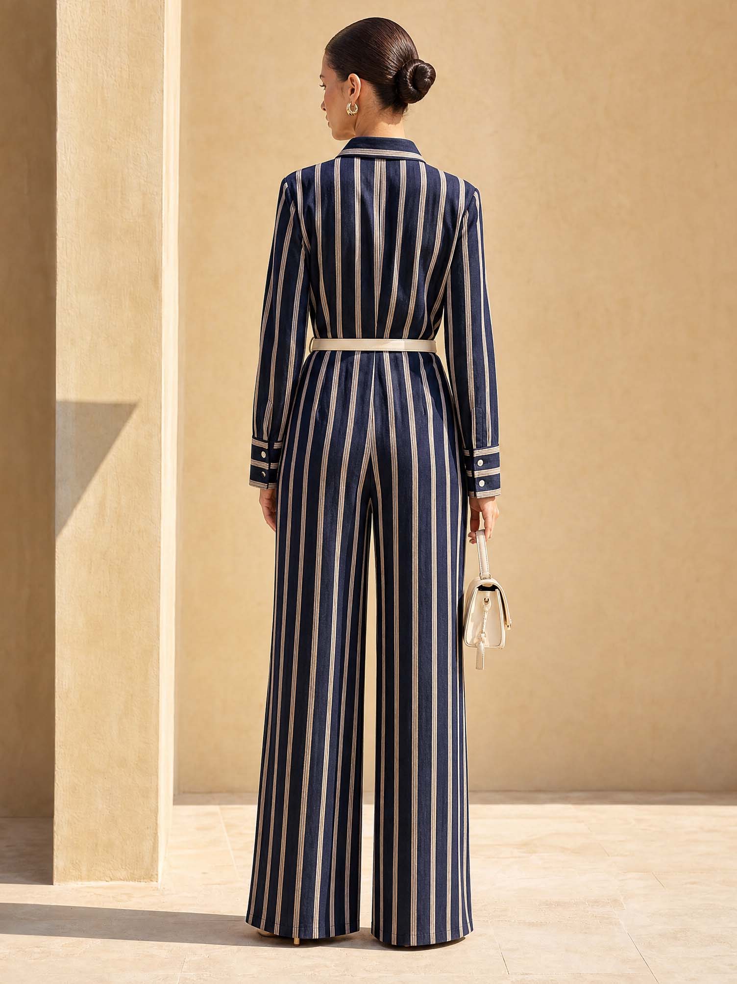 Striped Cotton Wrap Jumpsuit With Detachable Leather Waist Belt