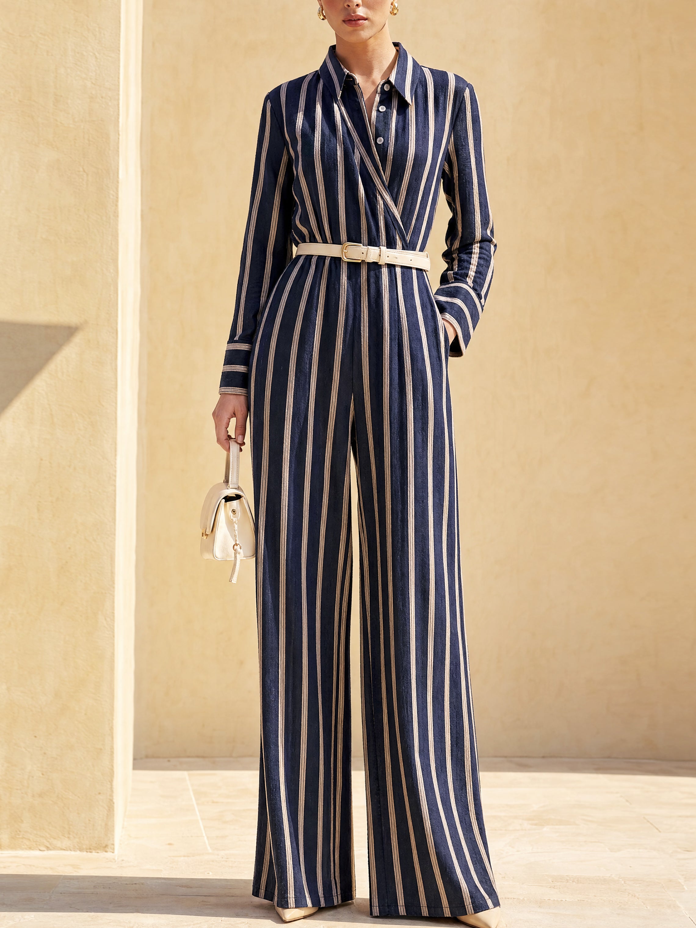 Striped Cotton Wrap Jumpsuit With Detachable Leather Waist Belt