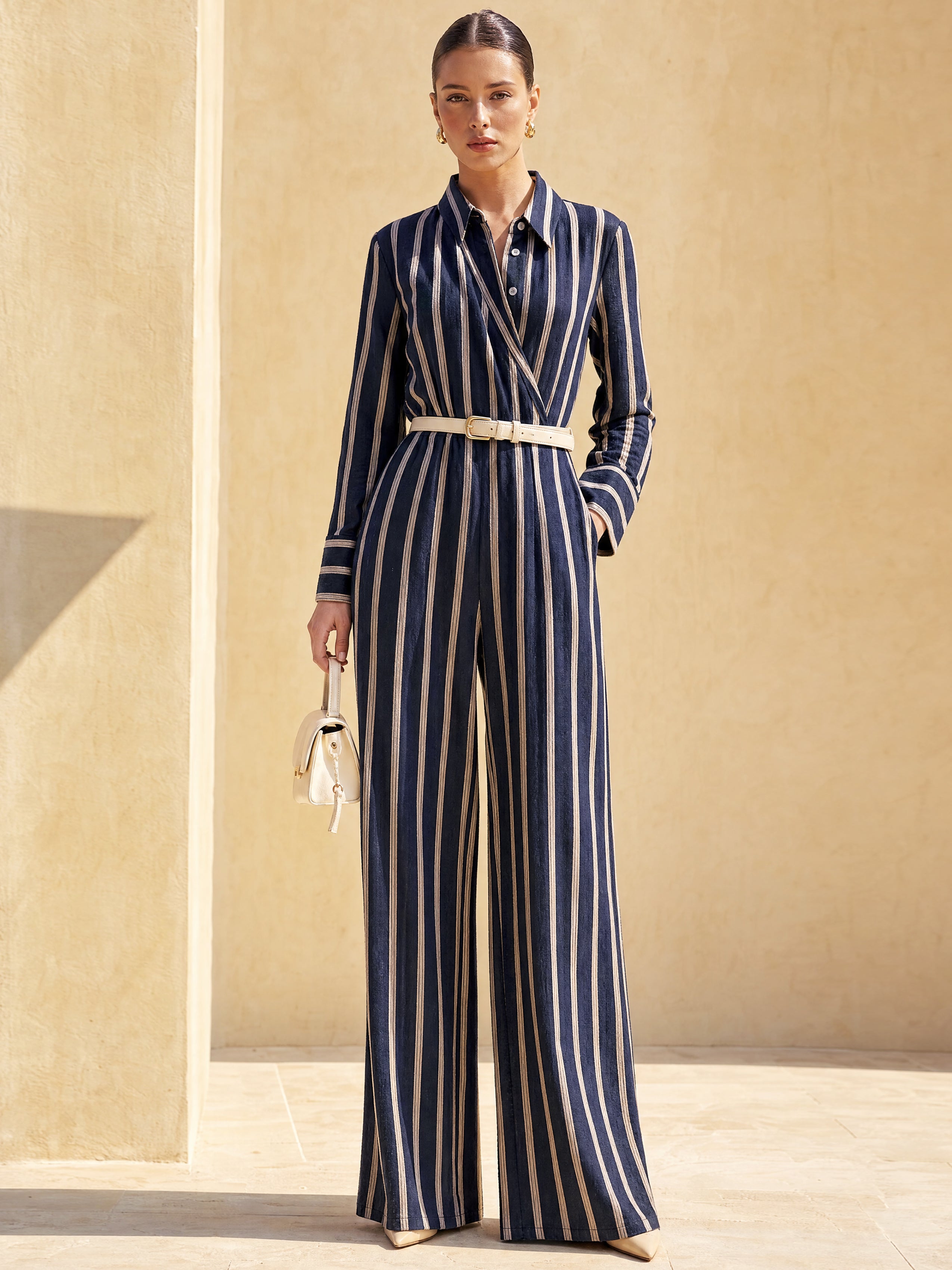 Striped Cotton Wrap Jumpsuit With Detachable Leather Waist Belt
