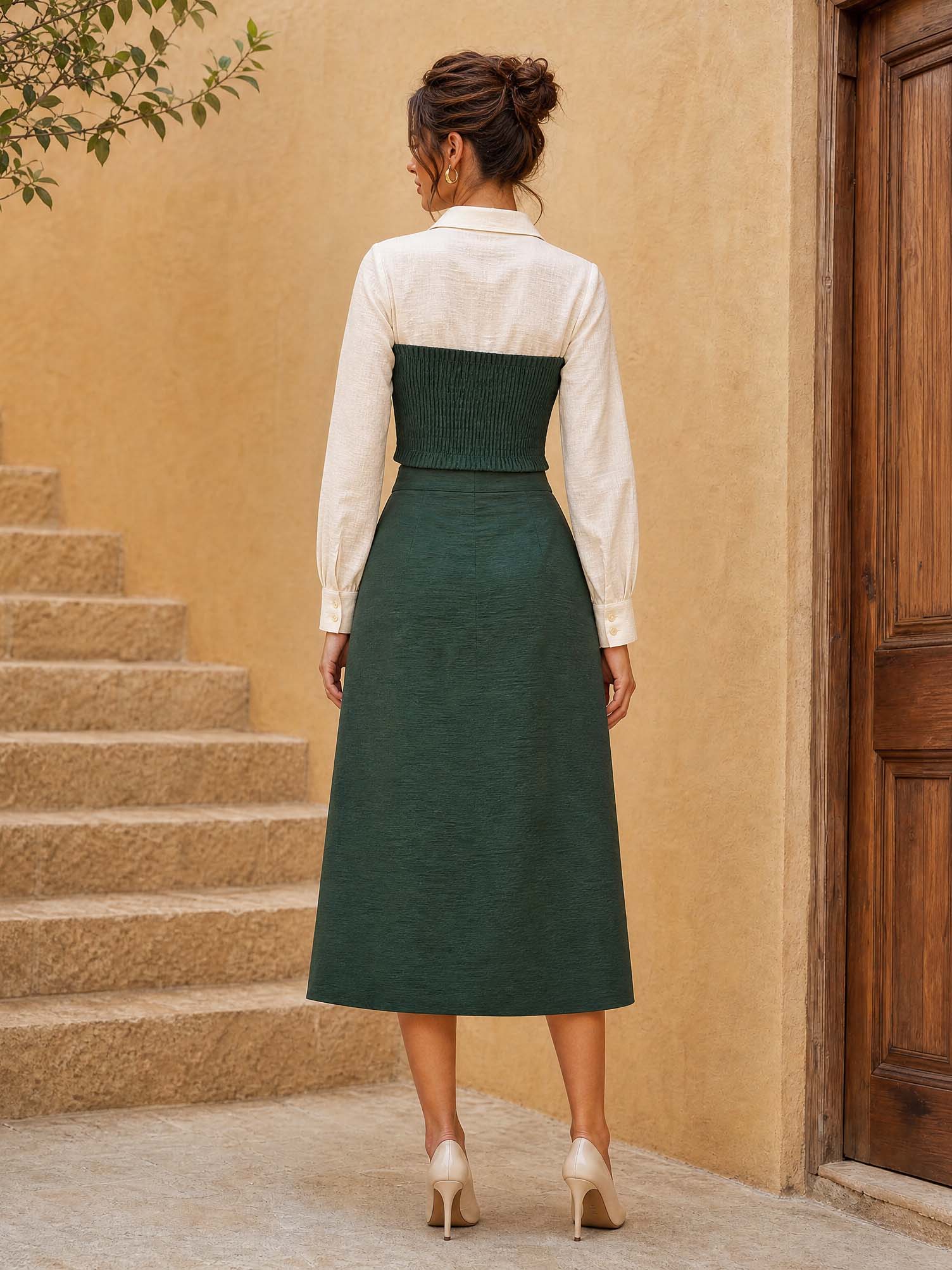 Green Long Sleeve Smocked Shirt & Split Midi Skirt Set