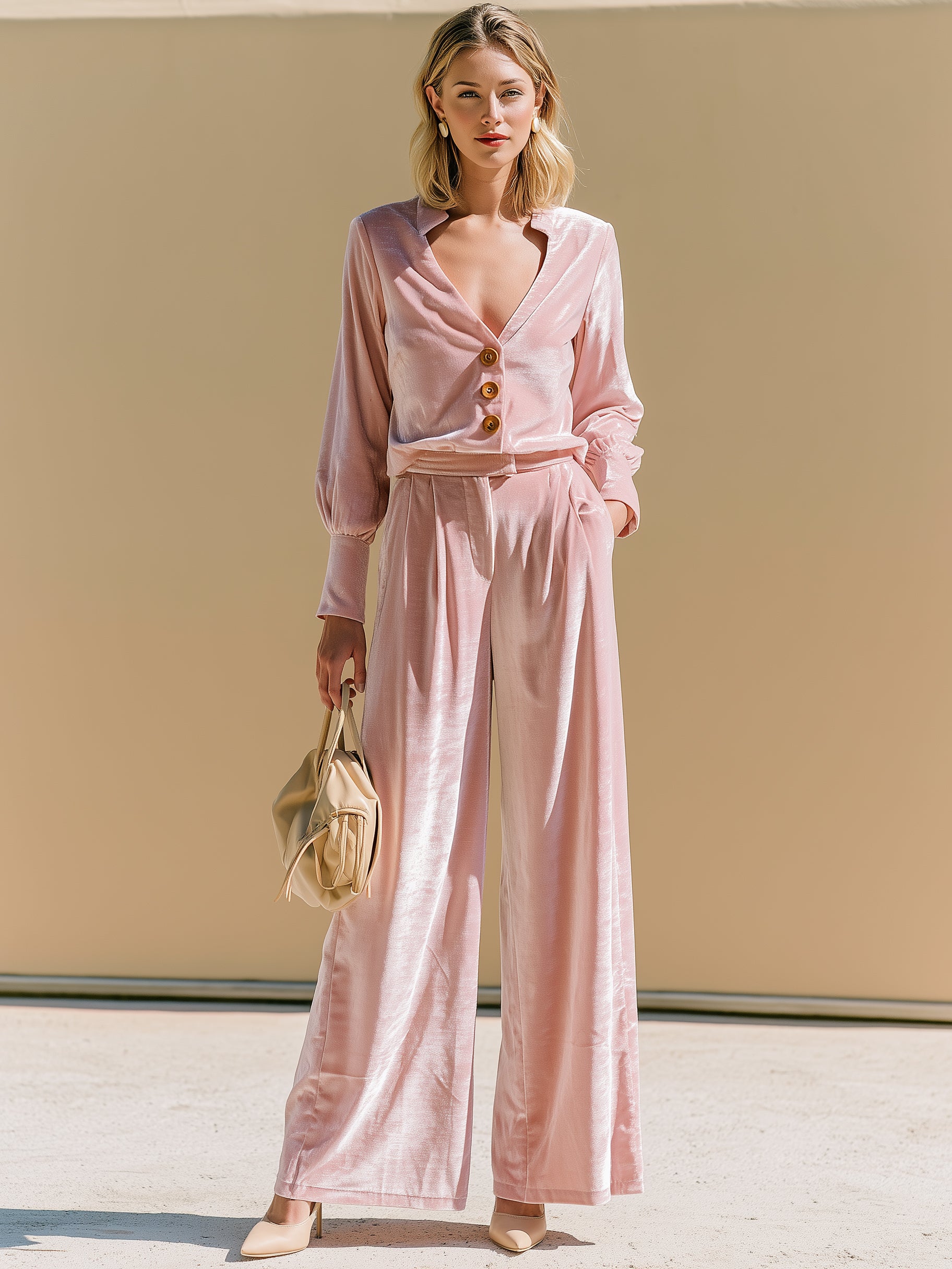 Elegant Velvet Suit: V-Neck Blouse & Wide Leg Pants