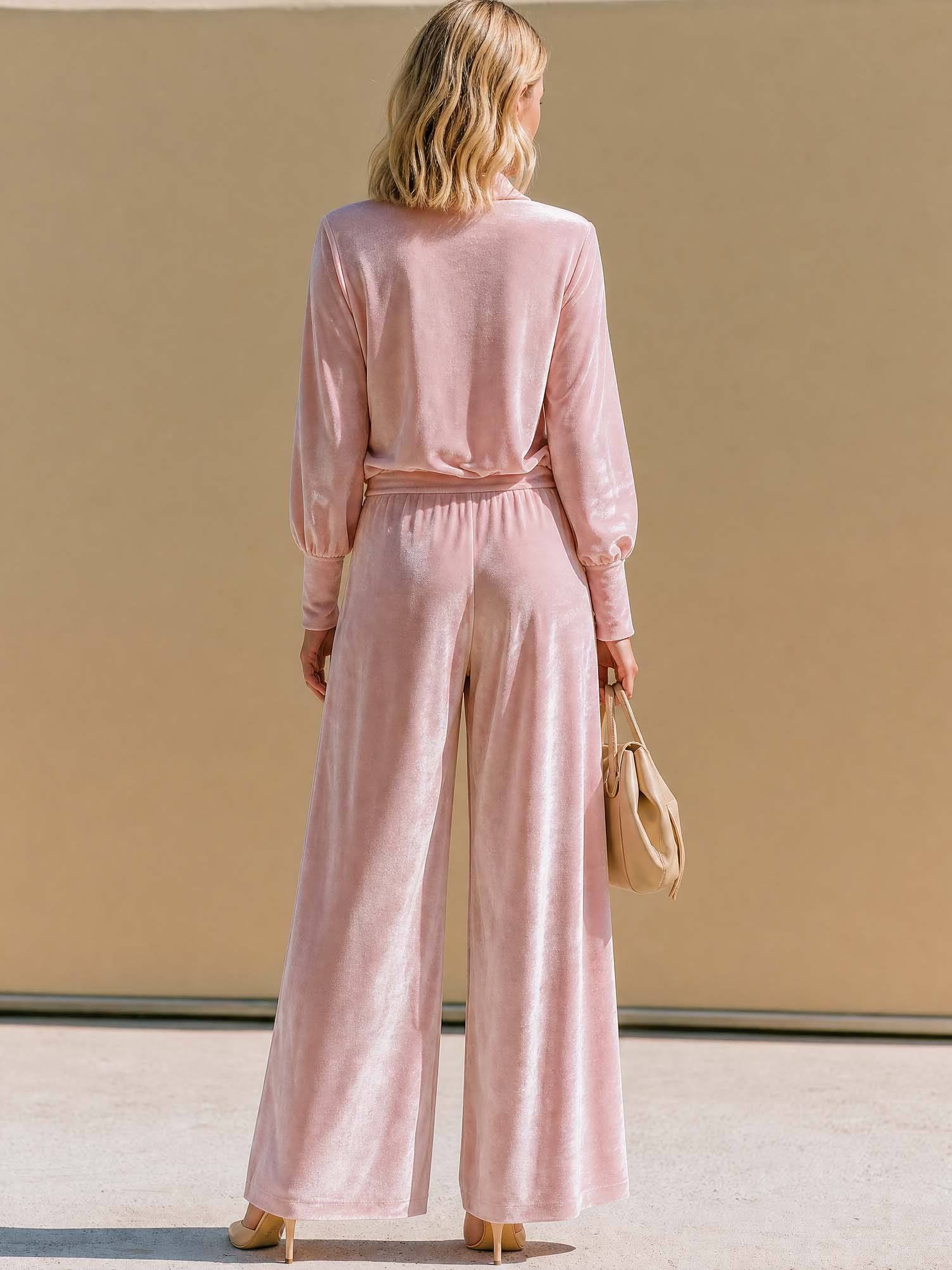 Elegant Velvet Suit: V-Neck Blouse & Wide Leg Pants