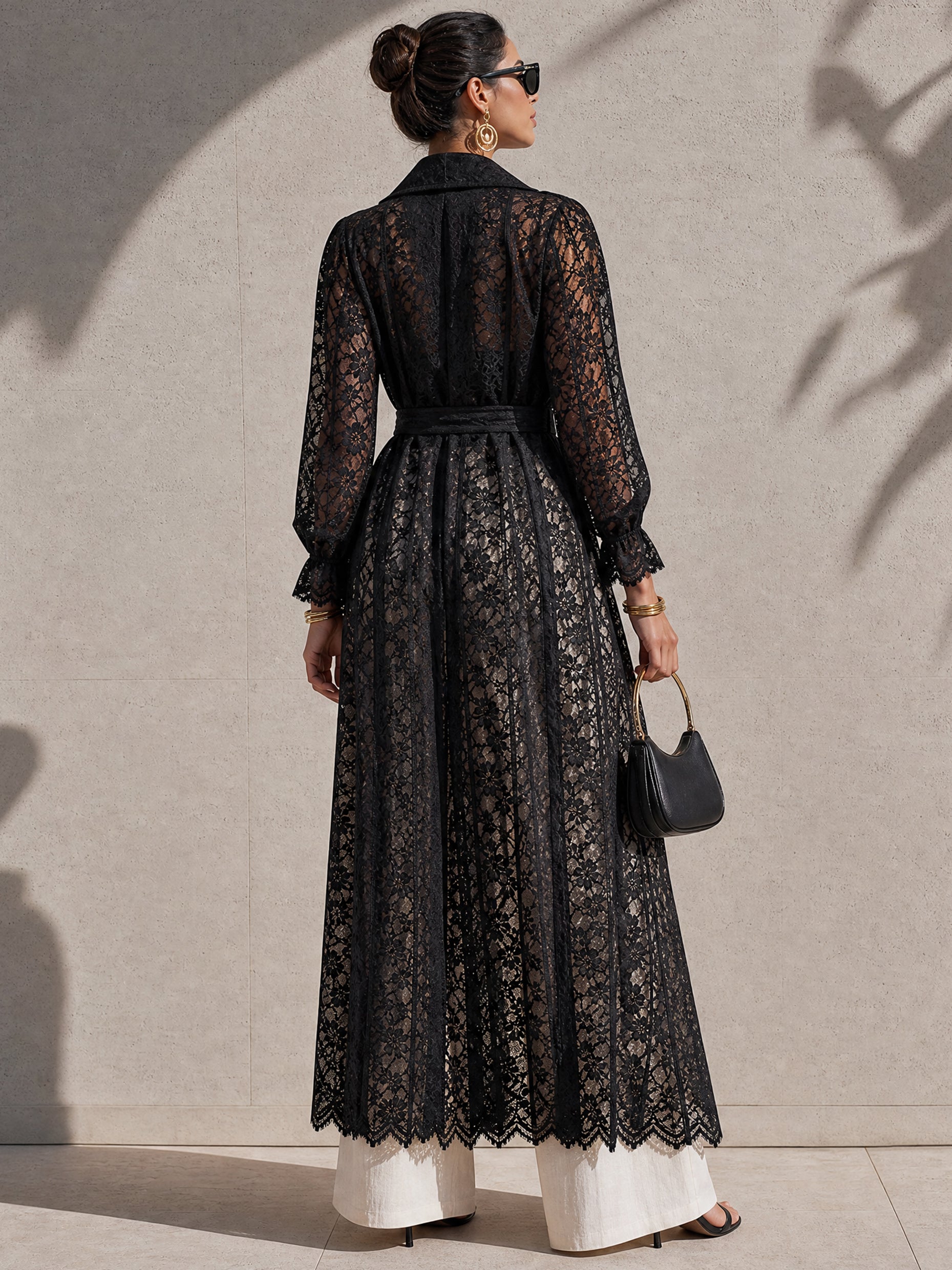 Black Floral Lace Balloon Sleeve Long Trench Coat