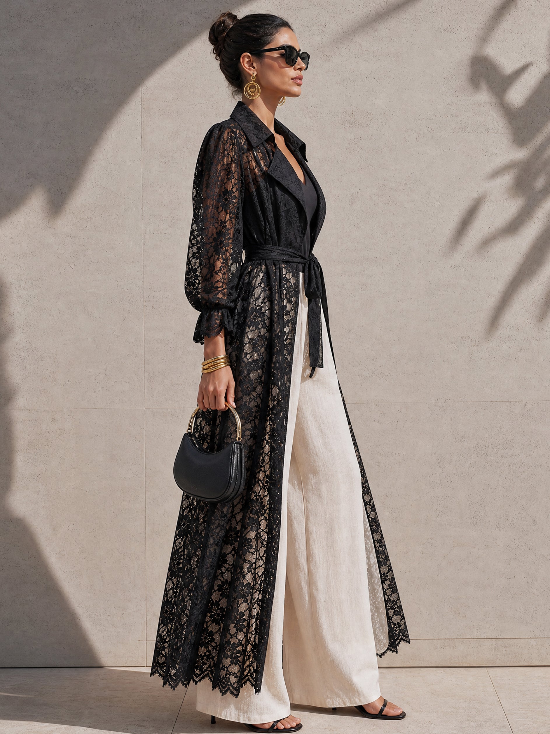 Black Floral Lace Balloon Sleeve Long Trench Coat