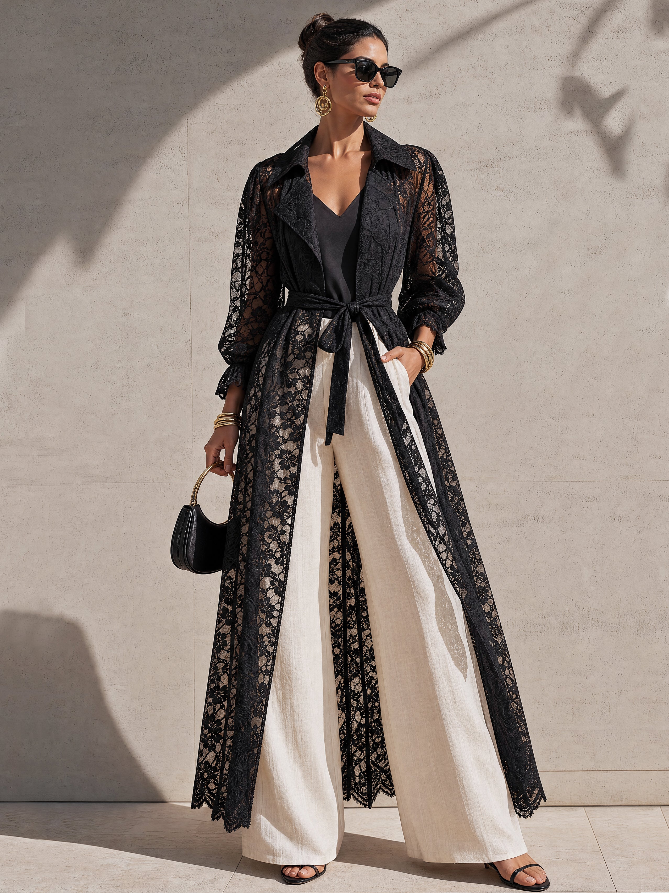 Black Floral Lace Balloon Sleeve Long Trench Coat