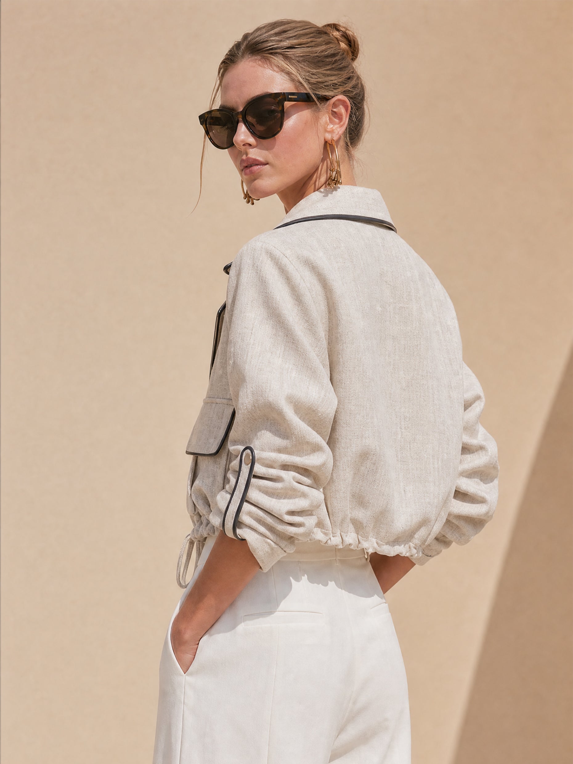 Tailored Linen Notch-Lapel Contrast-Piped  Cropped Jacket