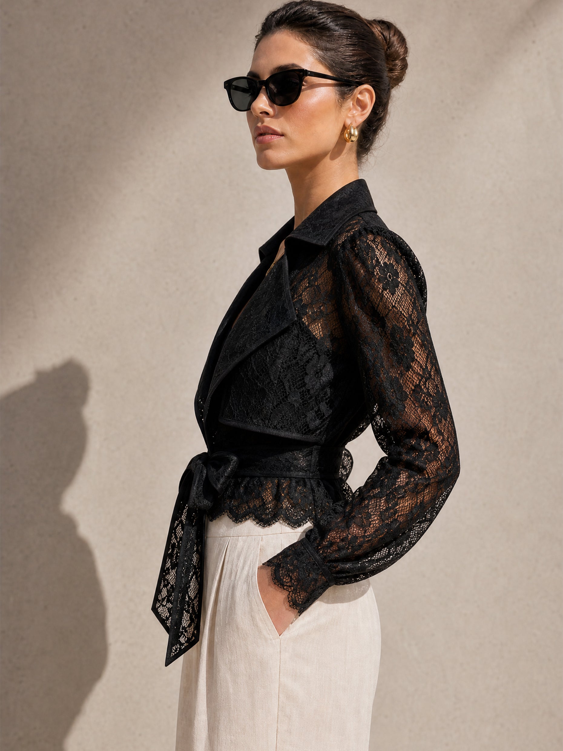 Elegant  Sheer Notch-Lapel Floral Lace Tie-Front Jacket