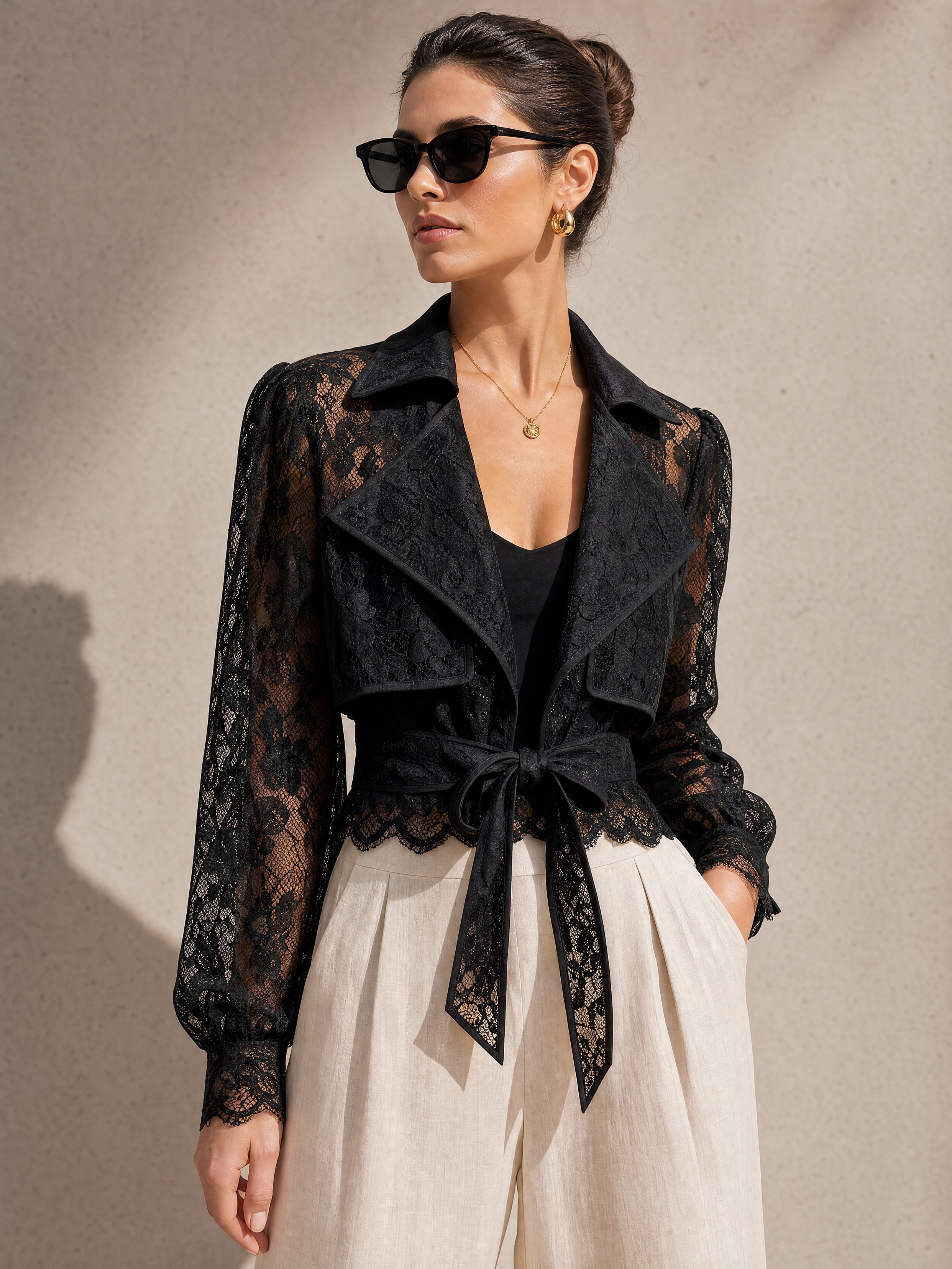 Elegant  Sheer Notch-Lapel Floral Lace Tie-Front Jacket