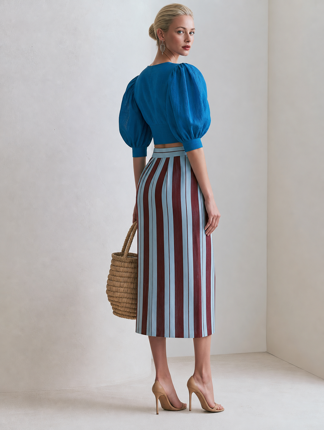 Elegant Set :Cobalt Blue Puff Sleeve Top & Striped Midi Skirt