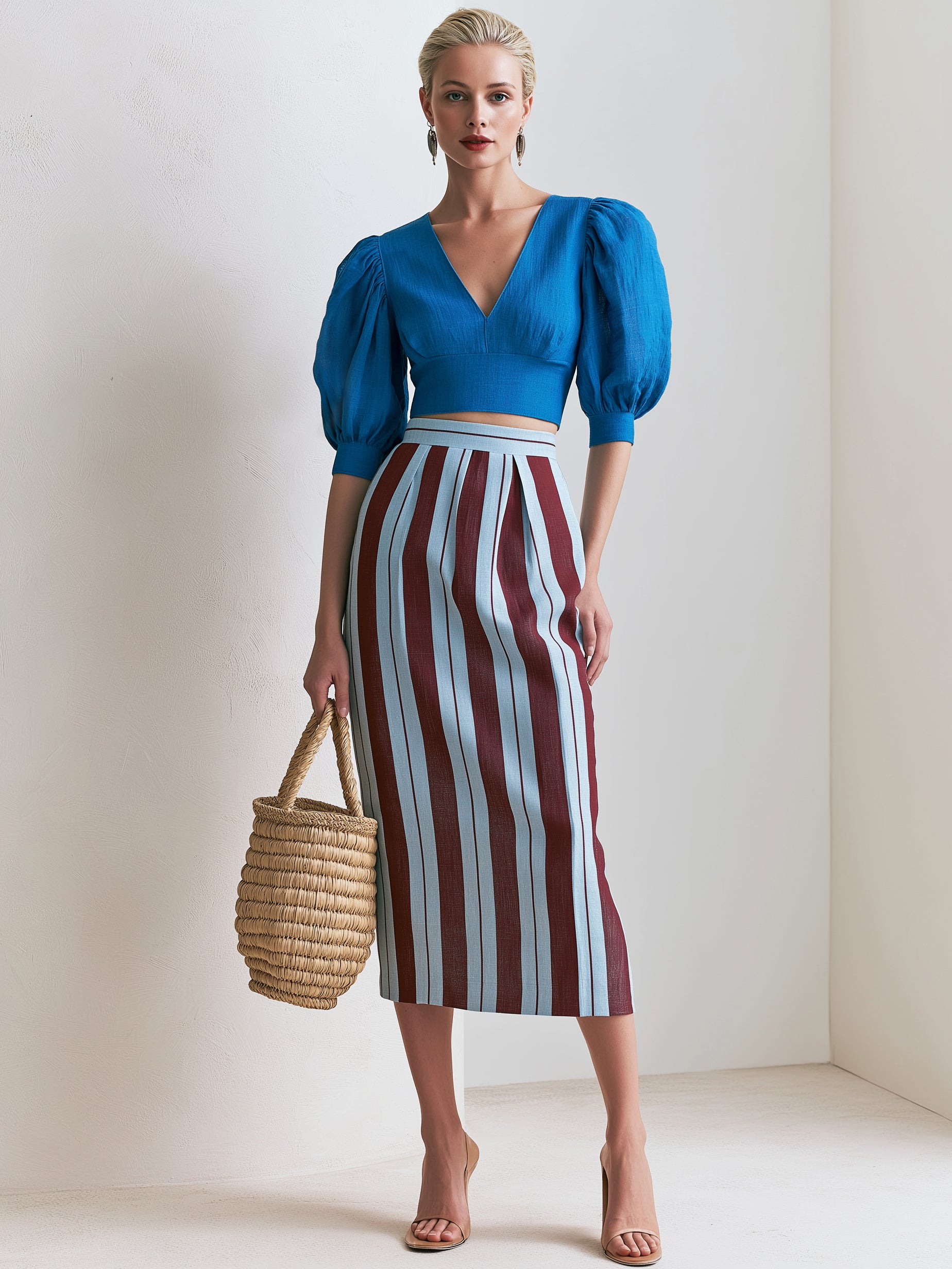 Elegant Set :Cobalt Blue Puff Sleeve Top & Striped Midi Skirt