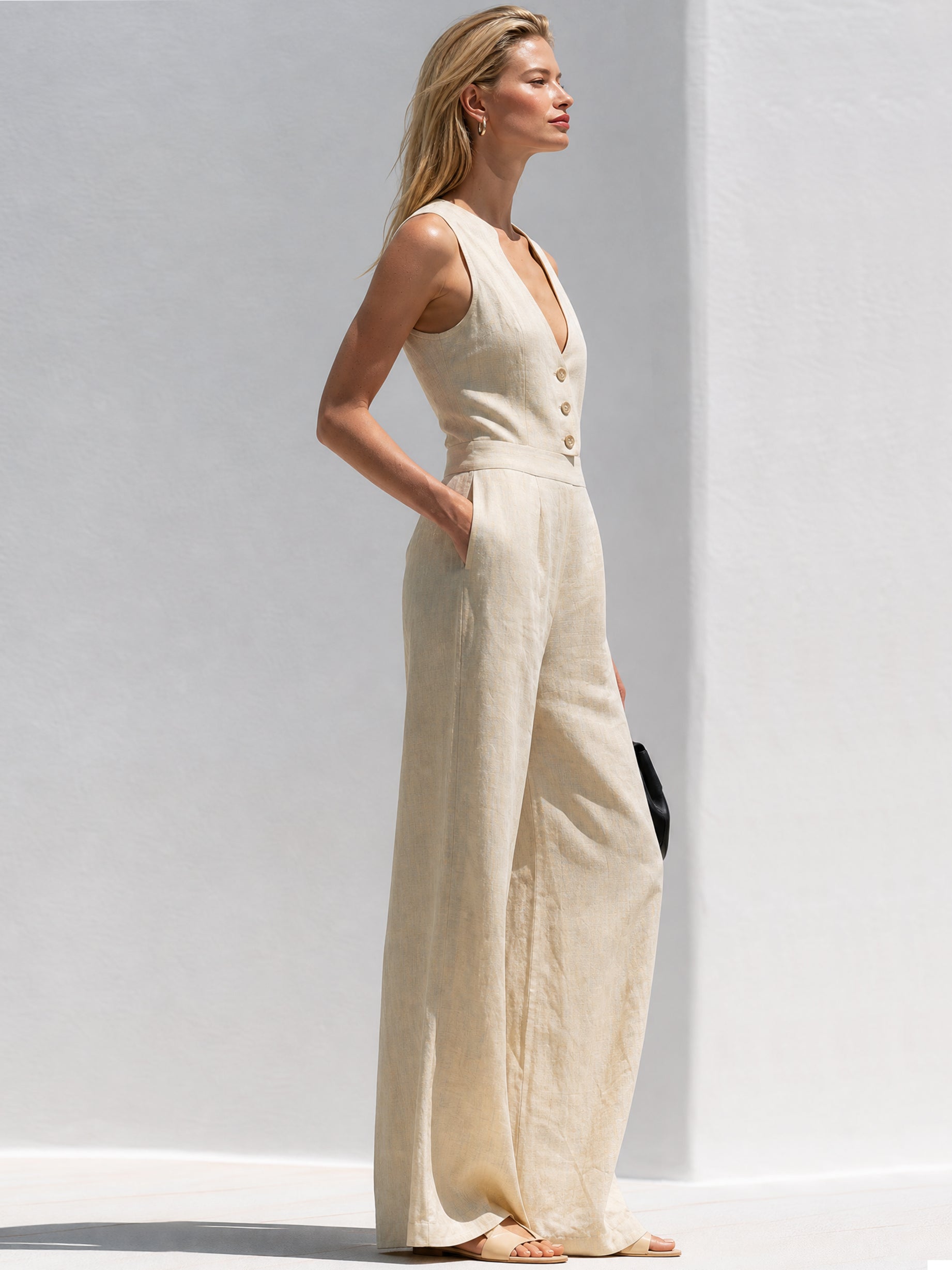 Elegant Linen Sleeveless Jumpsuit : V-Neck & Full-Length Wide Legs