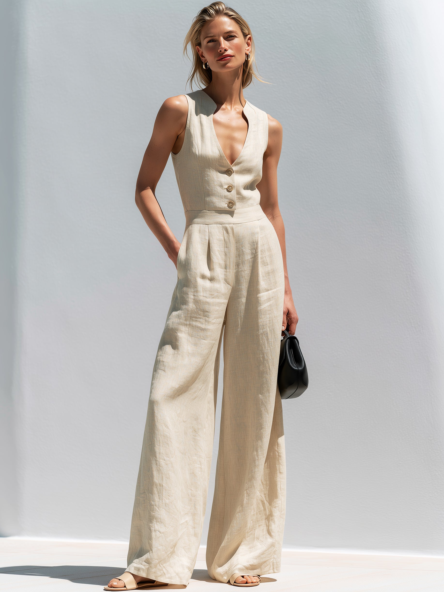 Elegant Linen Sleeveless Jumpsuit : V-Neck & Full-Length Wide Legs