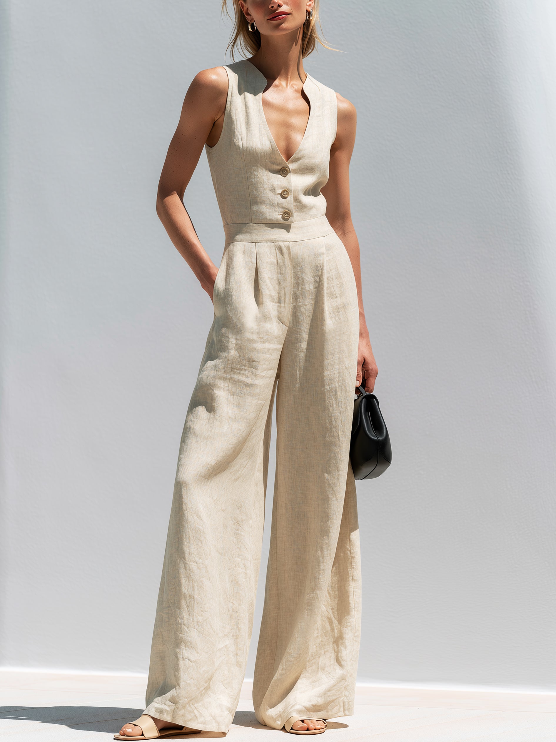 Elegant Linen Sleeveless Jumpsuit : V-Neck & Full-Length Wide Legs