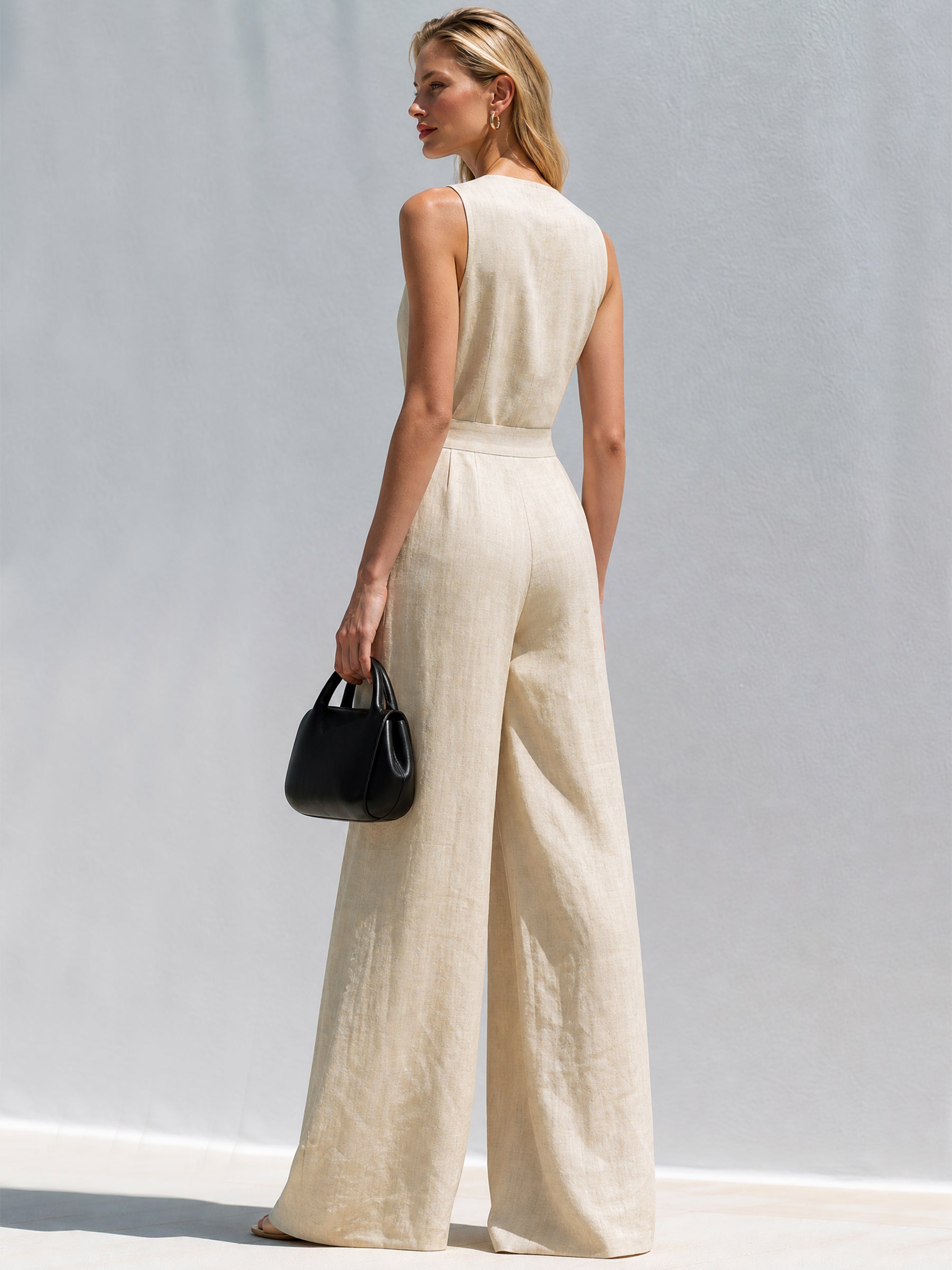 Elegant Linen Sleeveless Jumpsuit : V-Neck & Full-Length Wide Legs