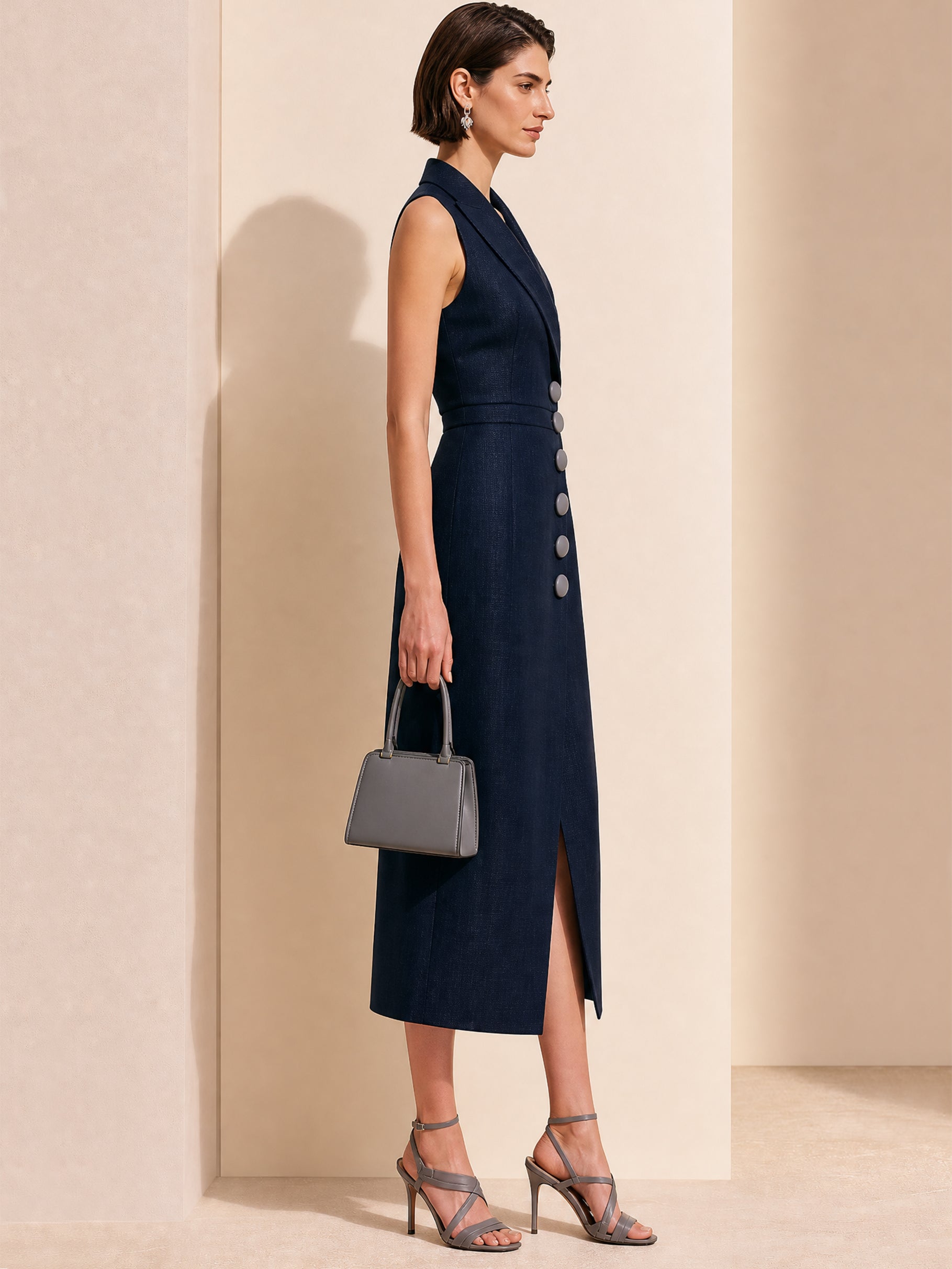 Elegant Blazer Midi Dress With Peak Lapel&Vertical Button Placket