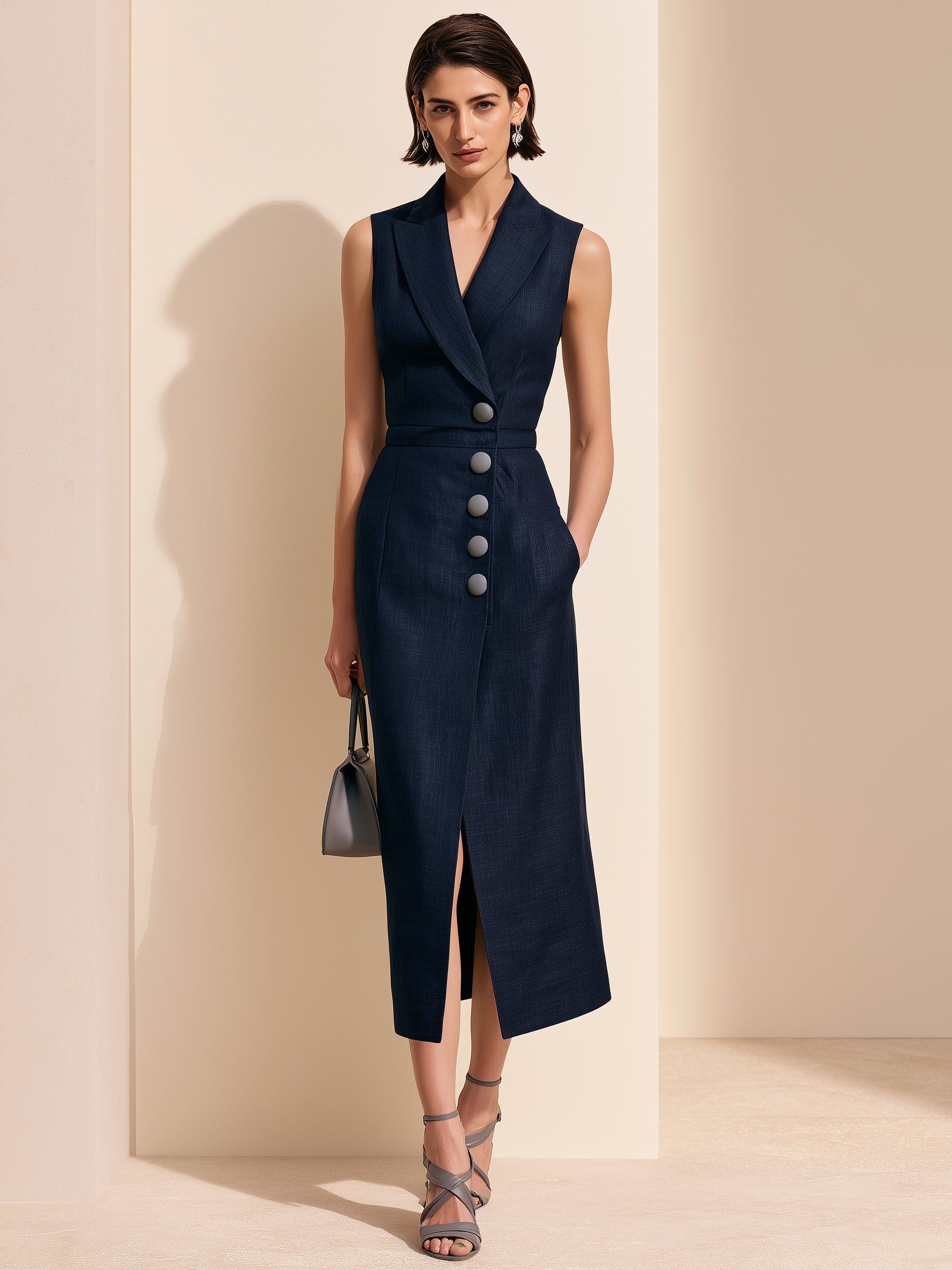 Elegant Blazer Midi Dress With Peak Lapel&Vertical Button Placket