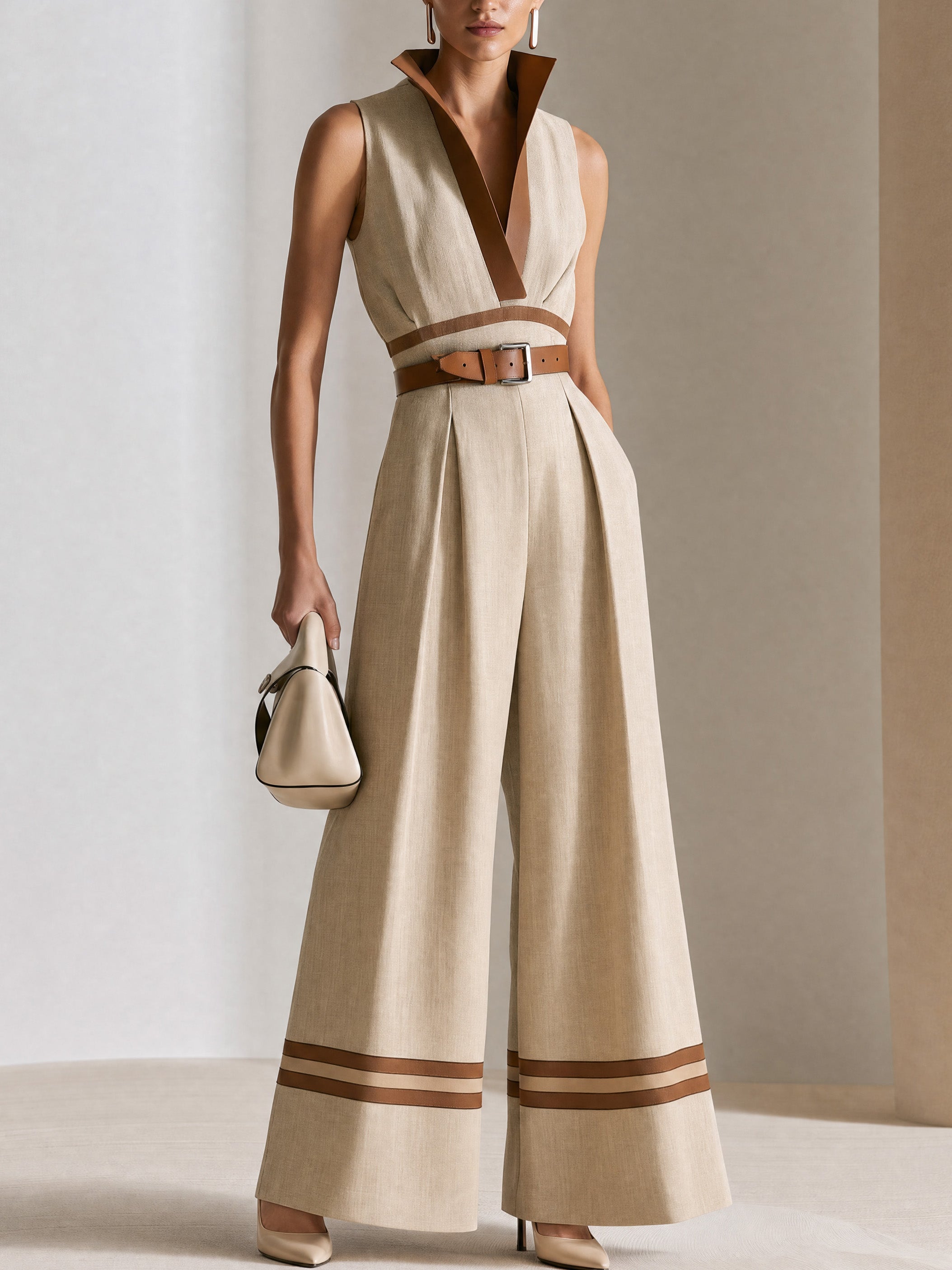 Elegant Commute Khaki Contrast V-Neck Wide-Leg Jumpsuit
