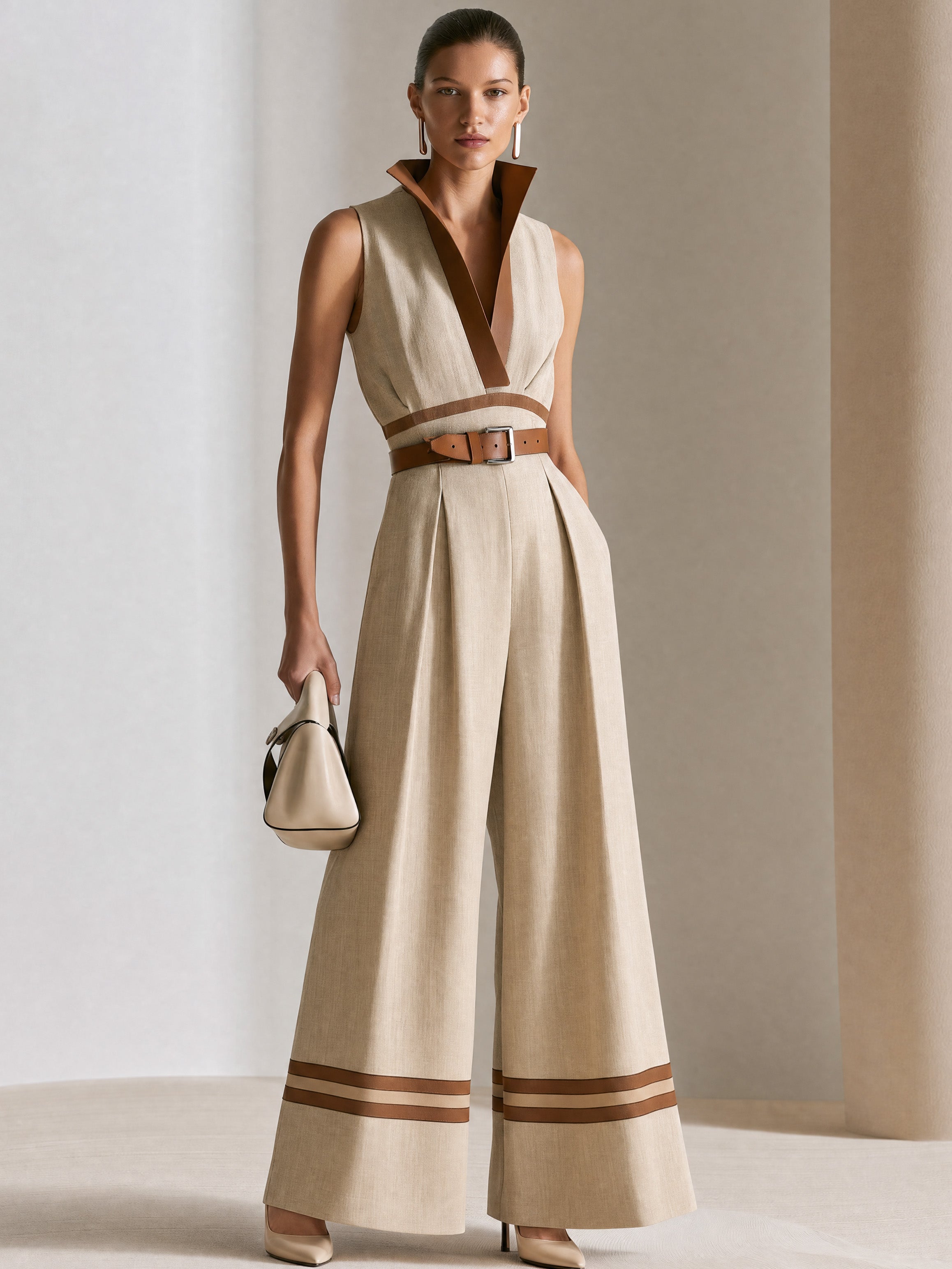 Elegant Commute Khaki Contrast V-Neck Wide-Leg Jumpsuit