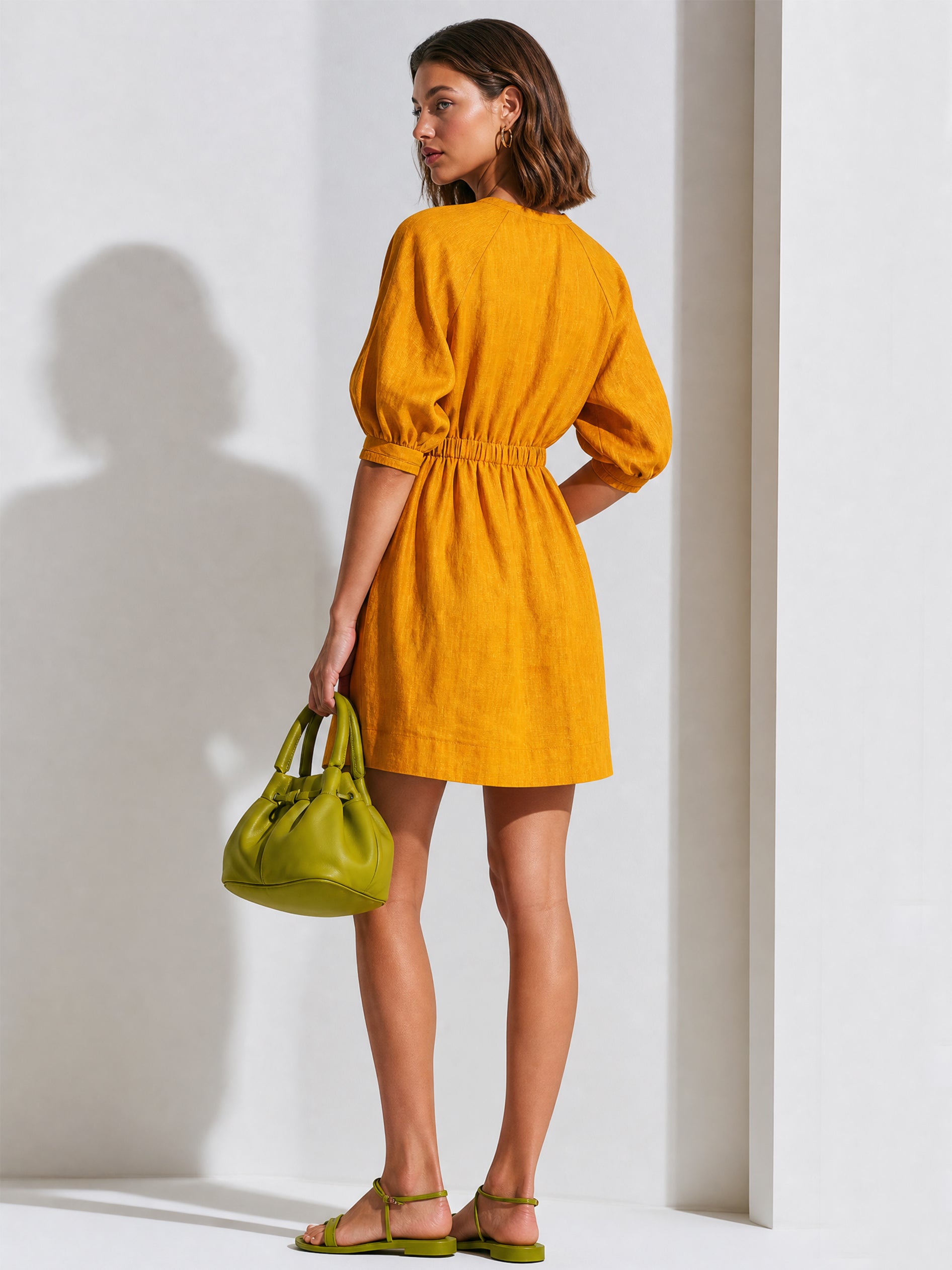 Linen Half-Zip Puff Sleeve Mini Dress With Elastic Waist