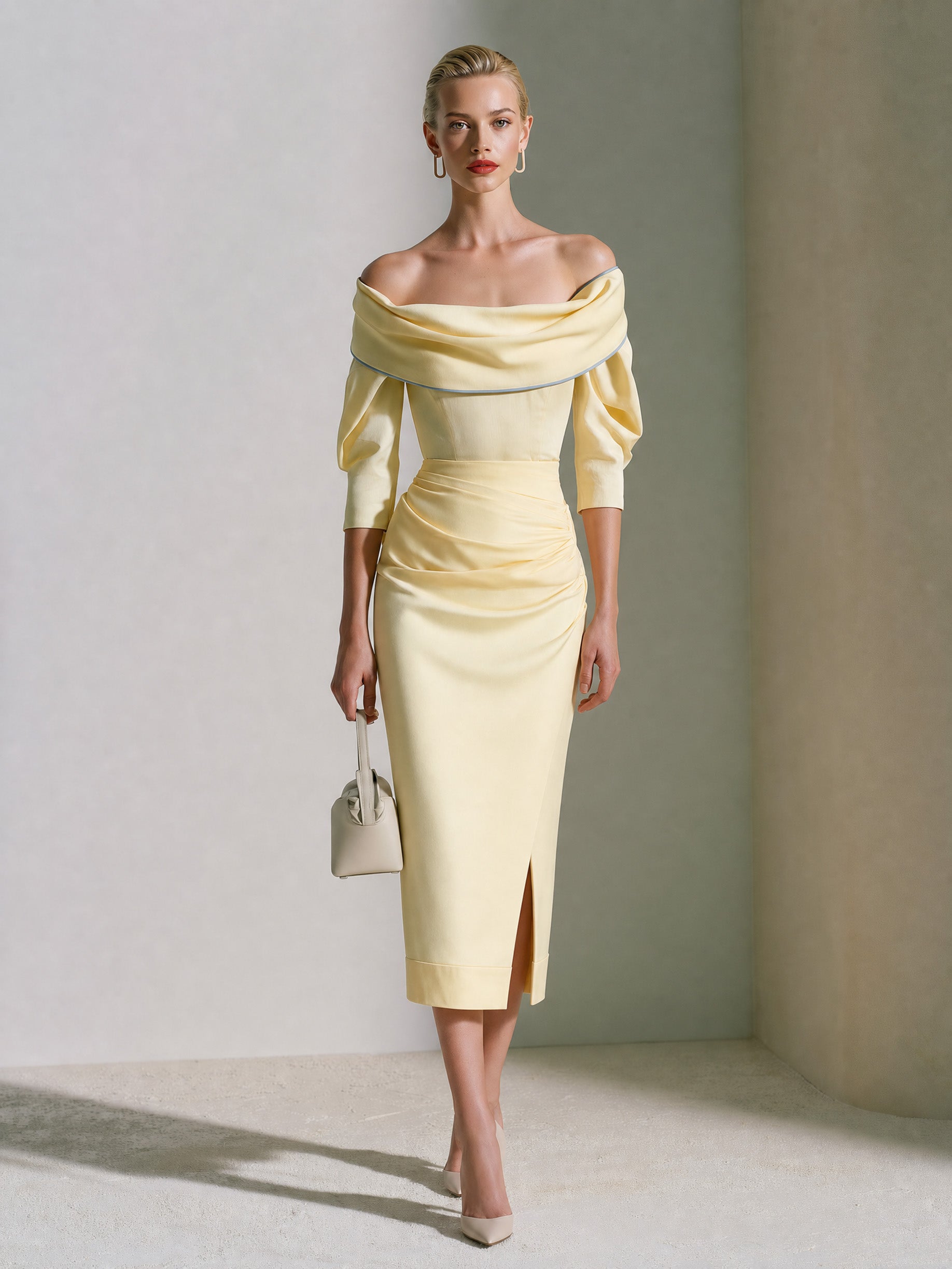 French Butter Yellow Off-Shoulder Midi Dress