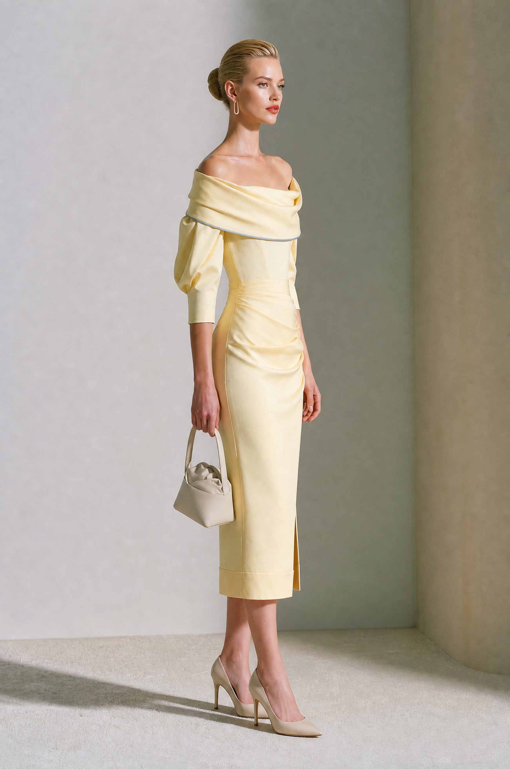 French Butter Yellow Off-Shoulder Midi Dress