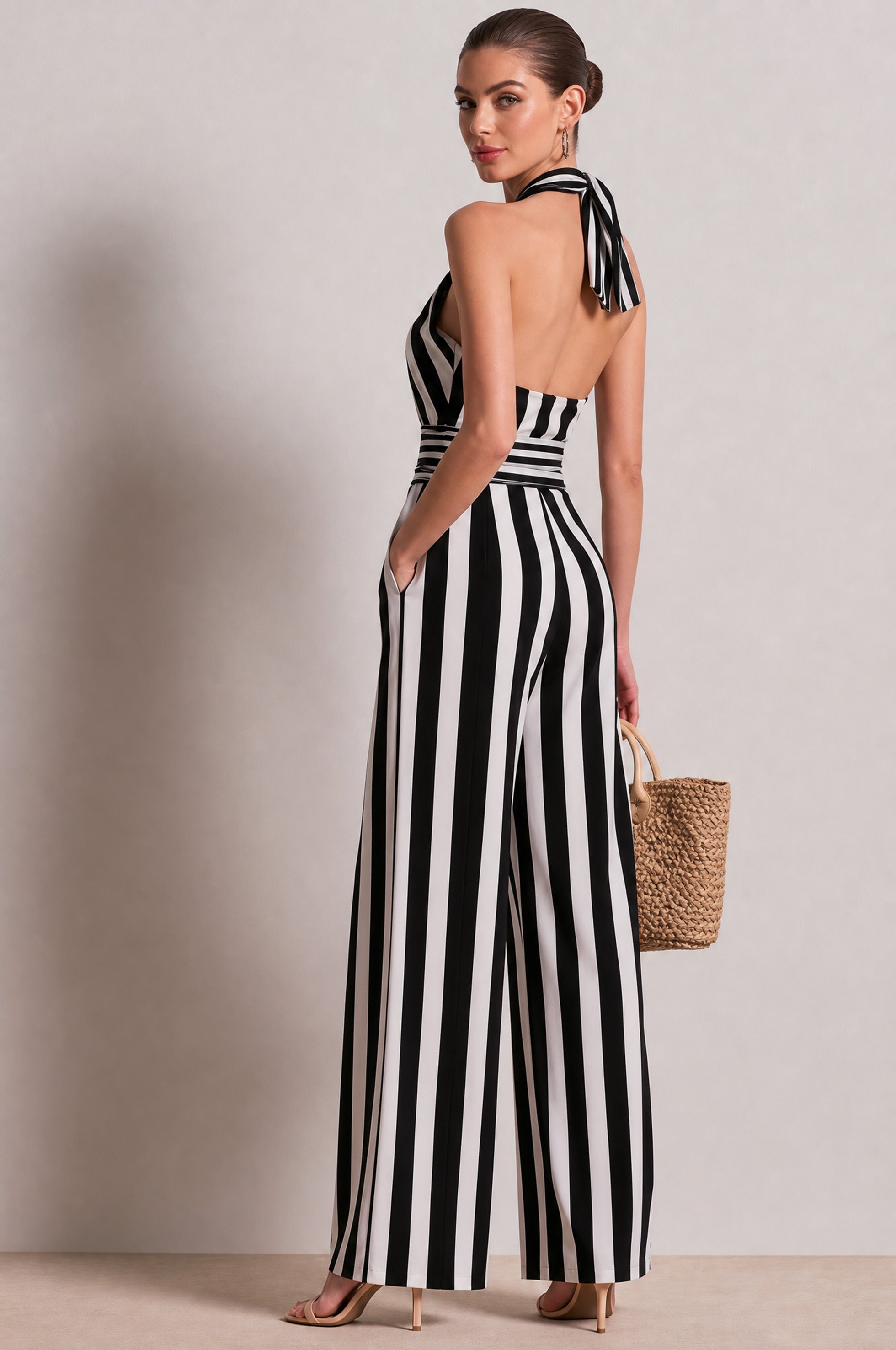 French Black & White Stripe Halter Relaxed Wide-Leg Jumpsuit