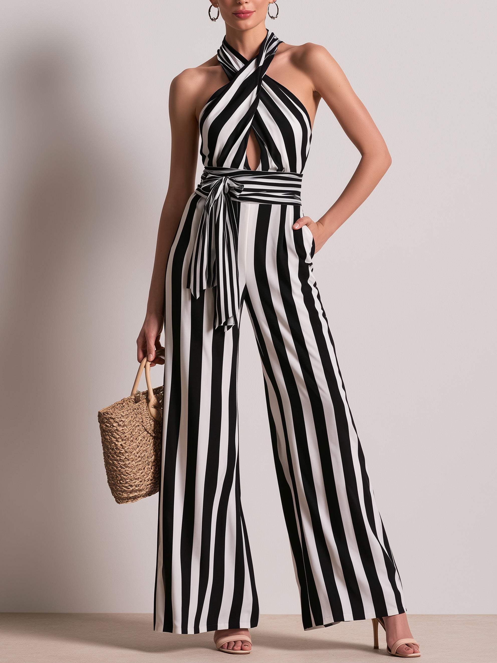 French Black & White Stripe Halter Relaxed Wide-Leg Jumpsuit