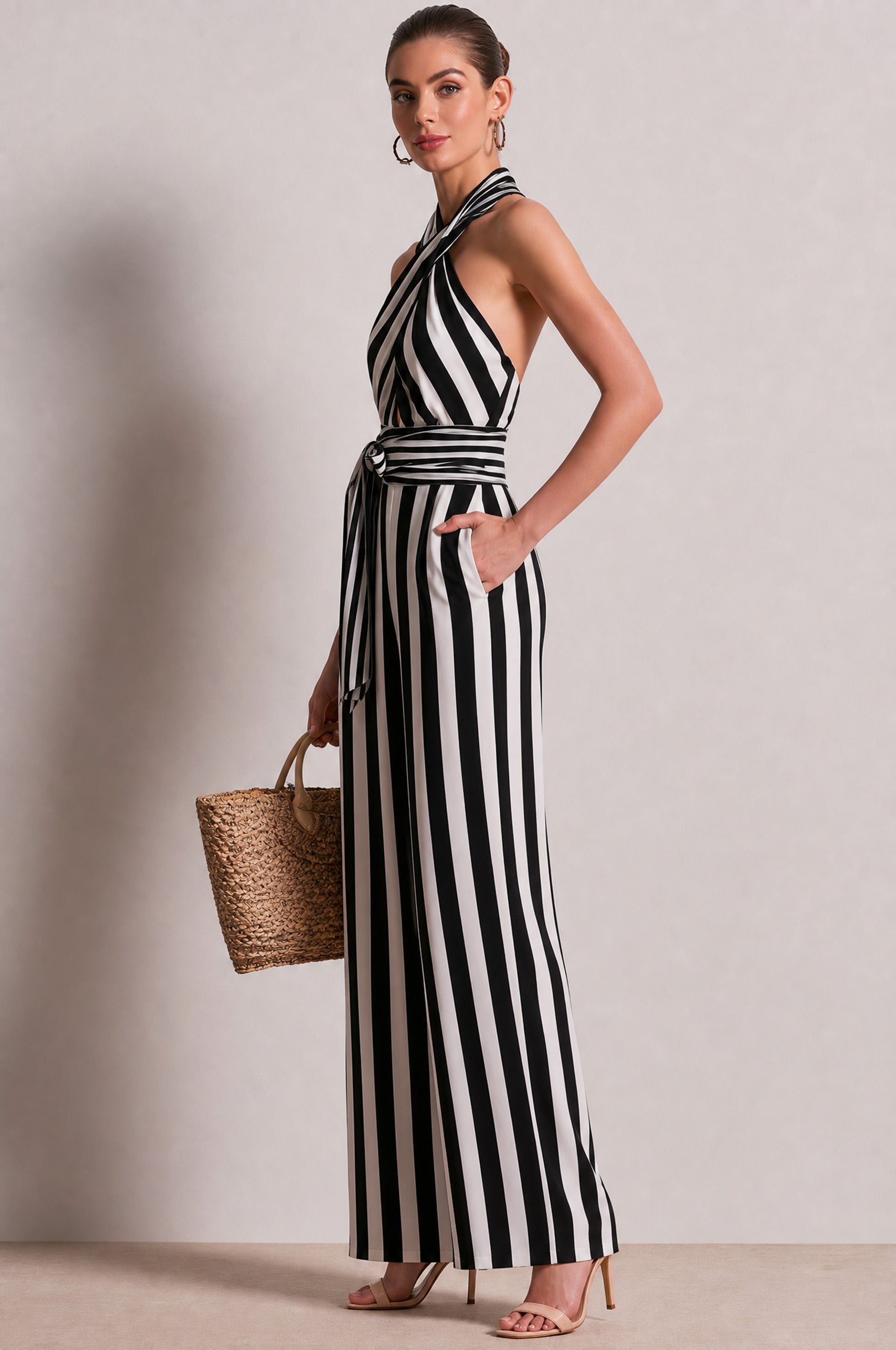 French Black & White Stripe Halter Relaxed Wide-Leg Jumpsuit