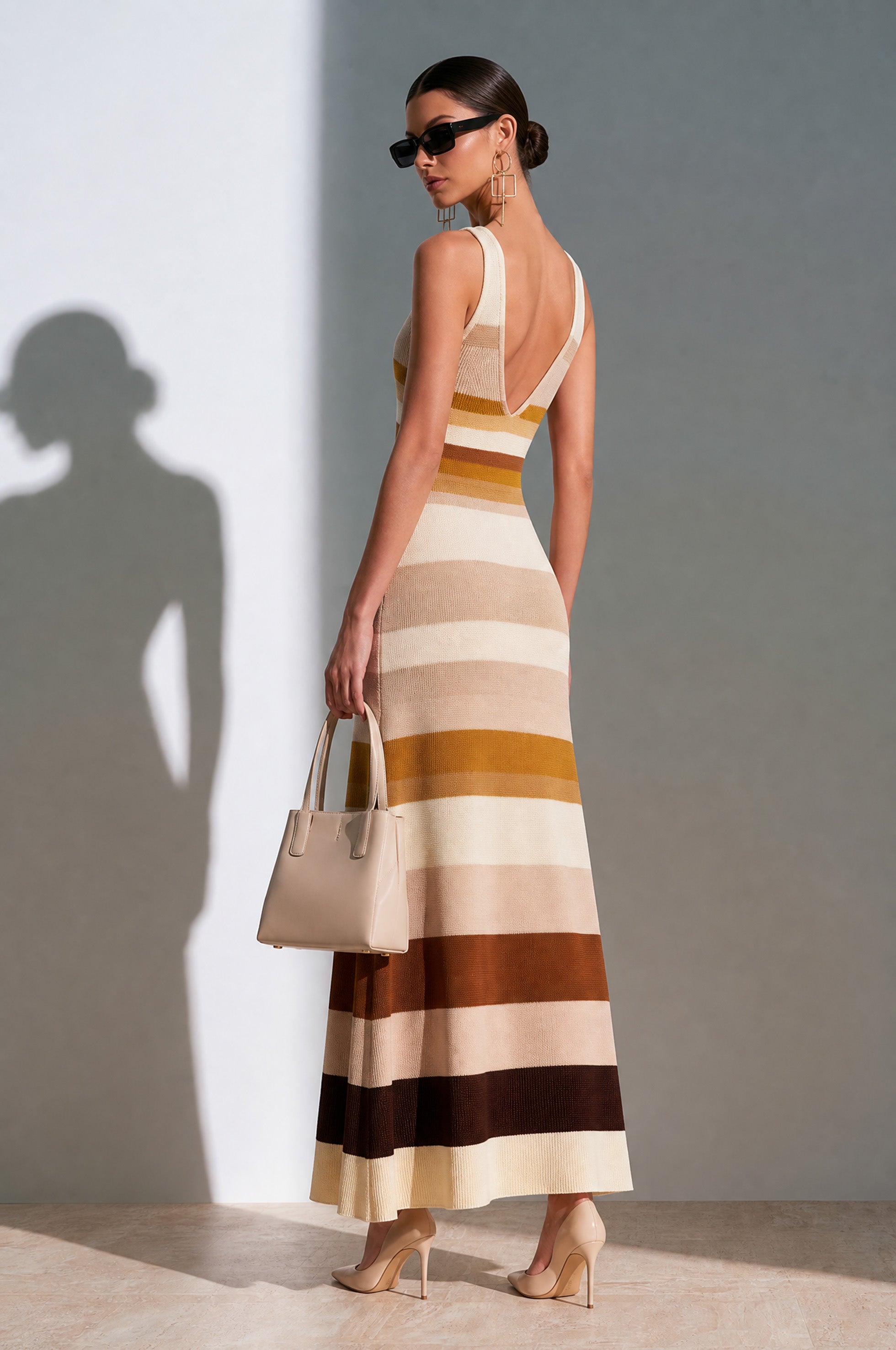 Earth-Tone Striped Knit Dress V-Neck Cami  Maxi Dress