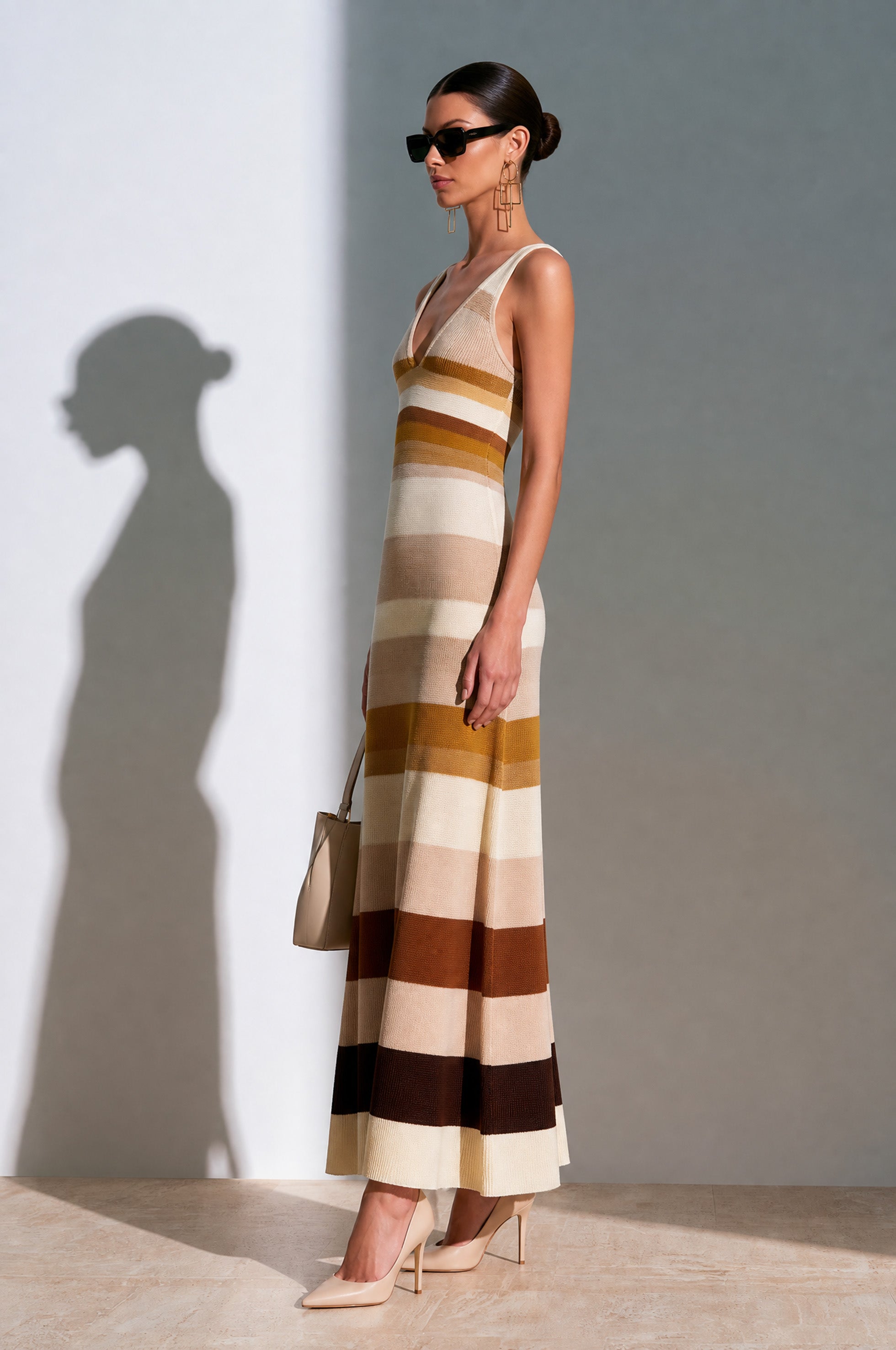 Earth-Tone Striped Knit Dress V-Neck Cami  Maxi Dress