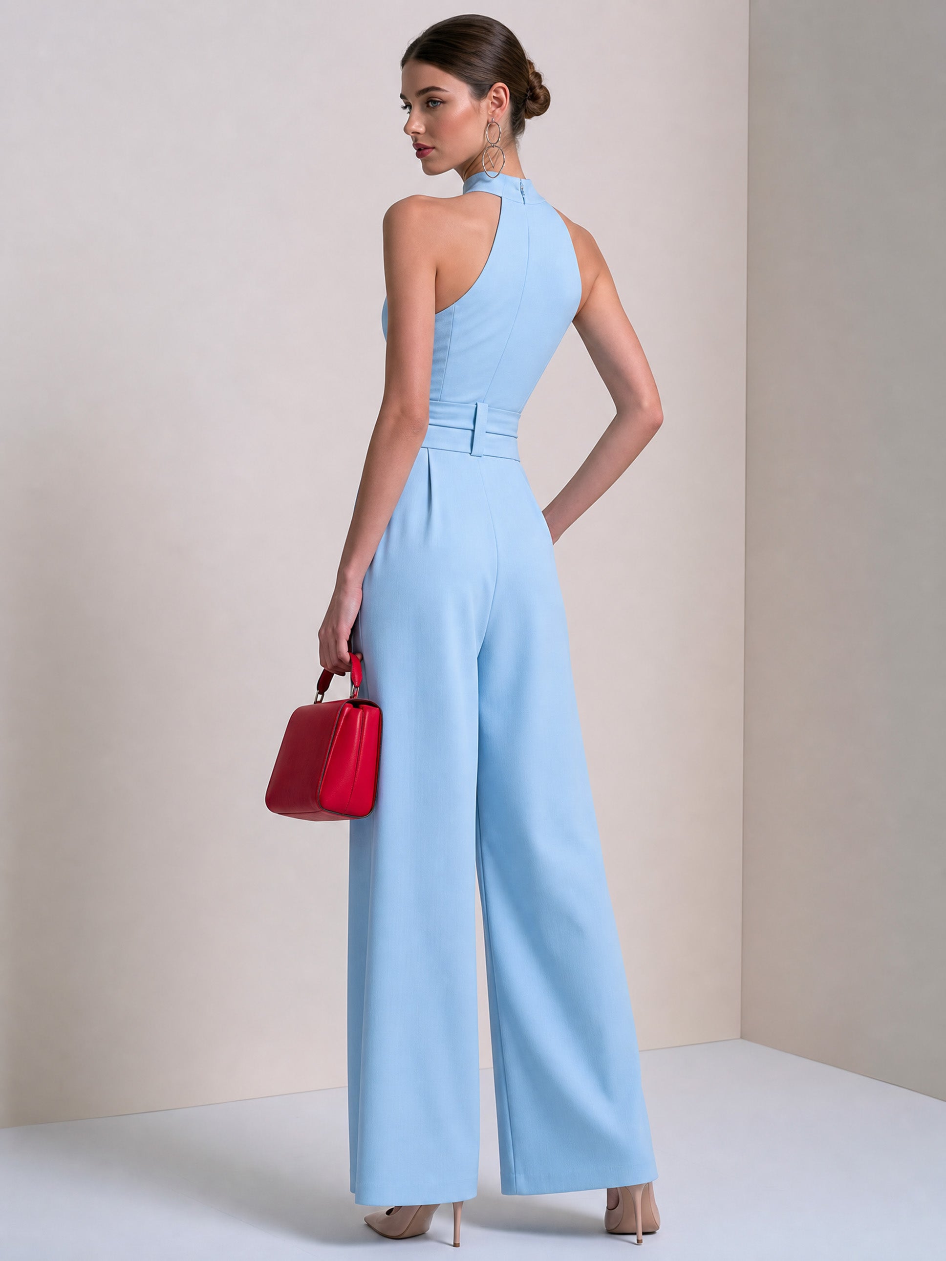 Baby Blue Solid Jumpsuit Halter Neck Belted Wide-Leg Pants