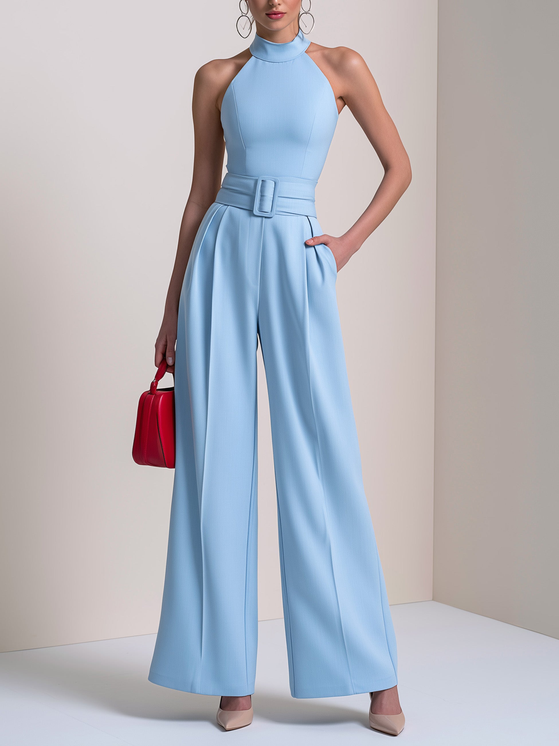 Baby Blue Solid Jumpsuit Halter Neck Belted Wide-Leg Pants