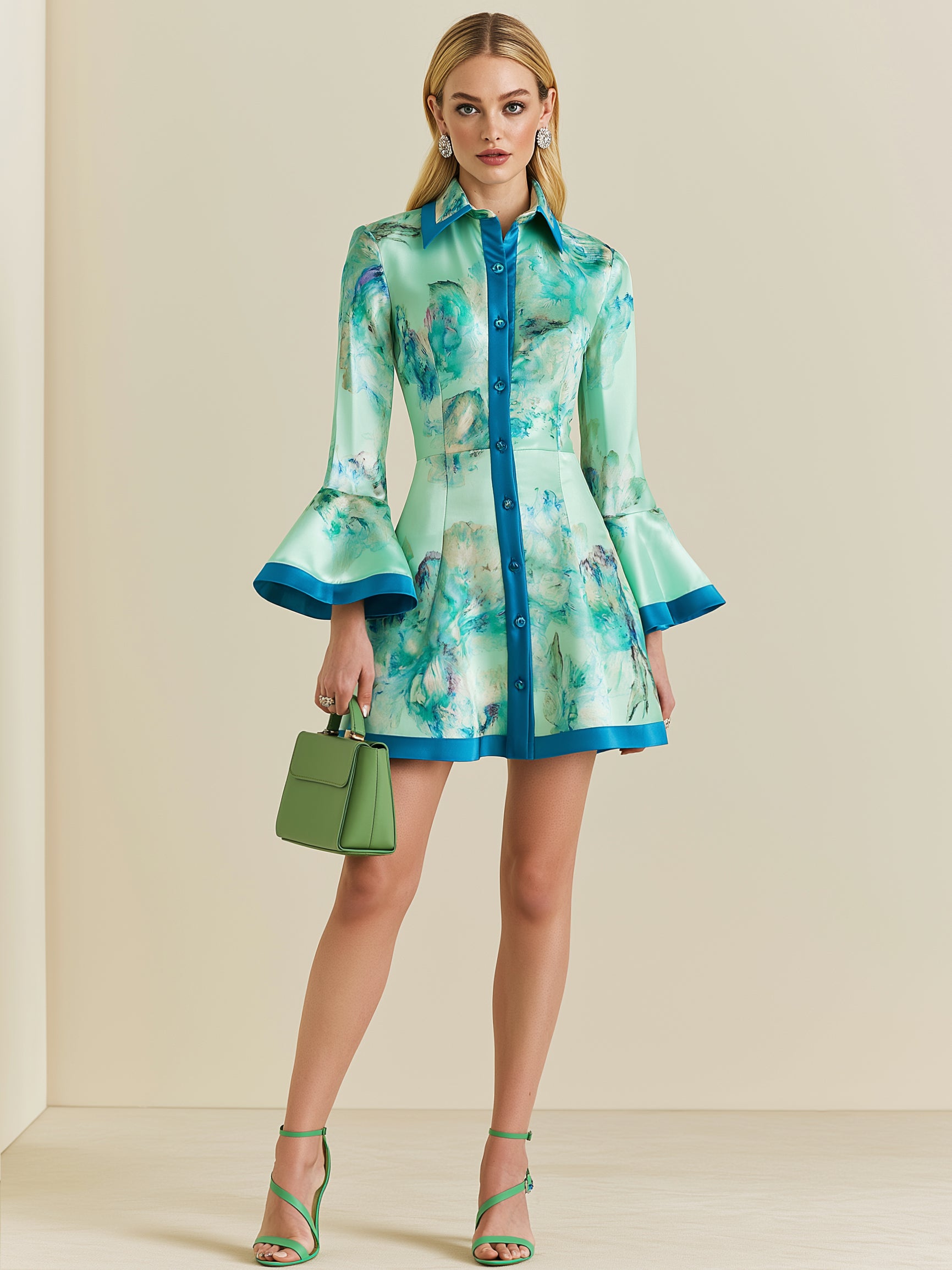 Elegant Floral Print Satin Shirt Dress With Contrast Trim
