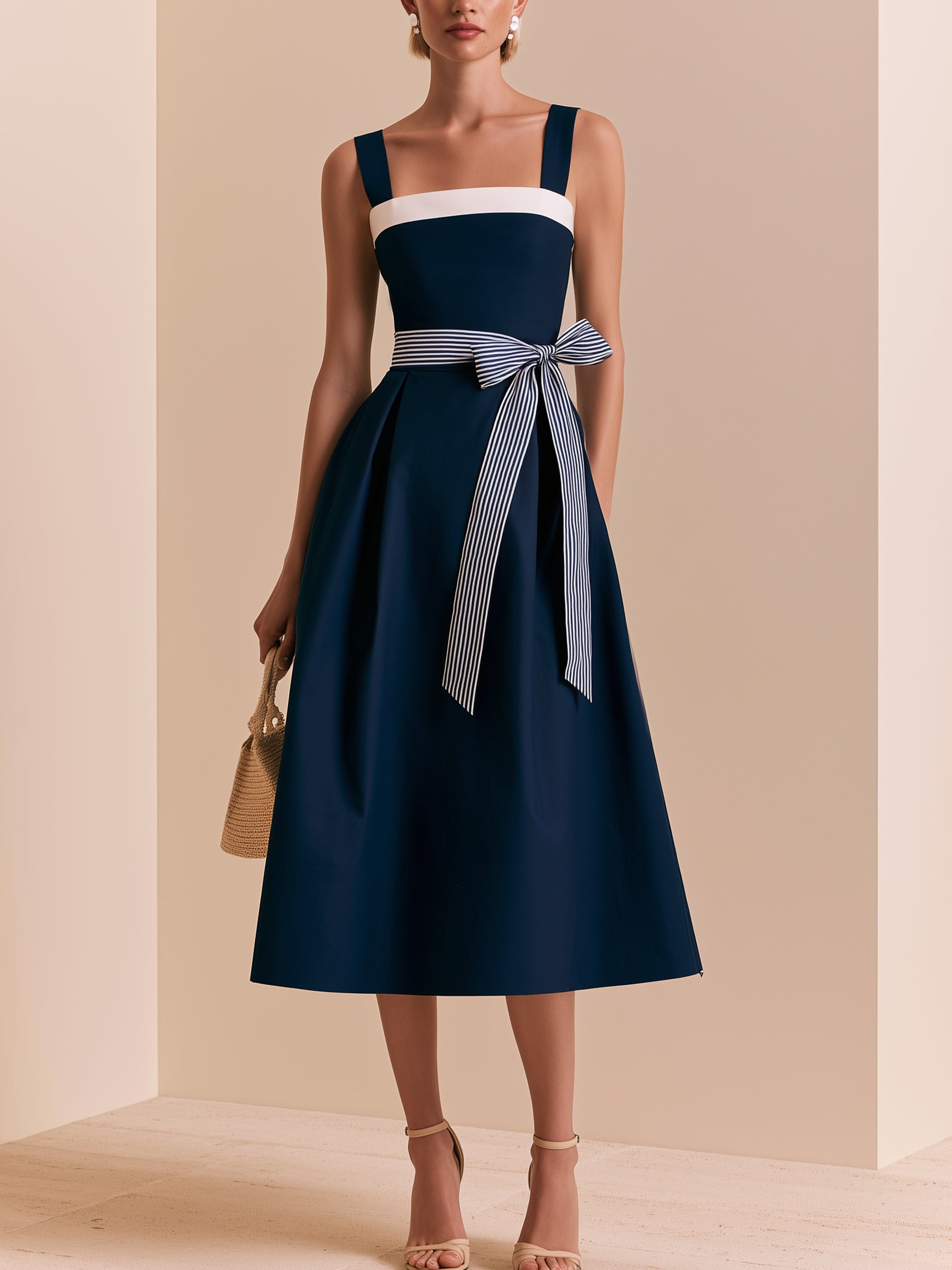 Square Neck Sleeveless A-Line Midi Dress with Striped Bow Belt