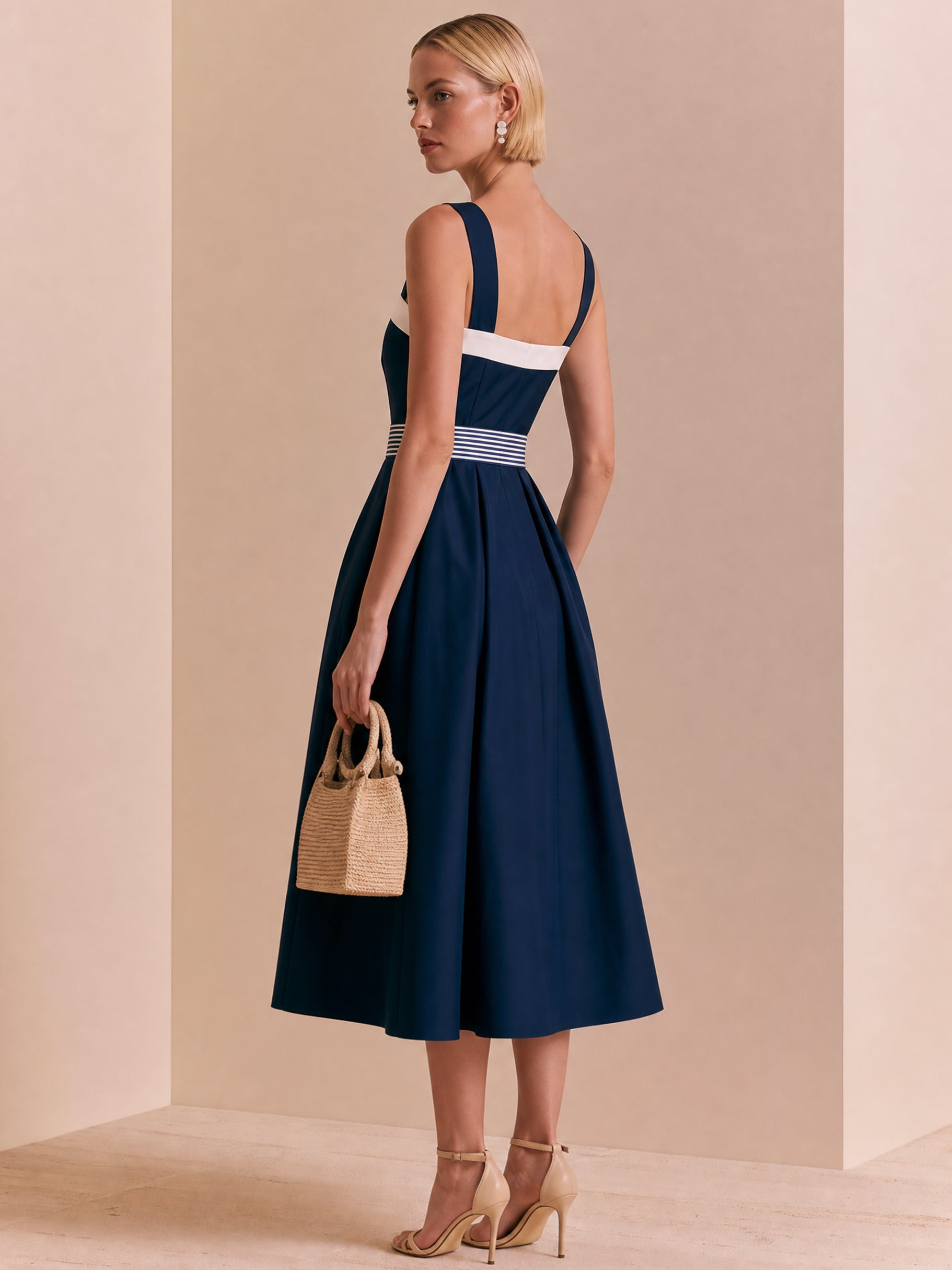 Square Neck Sleeveless A-Line Midi Dress with Striped Bow Belt