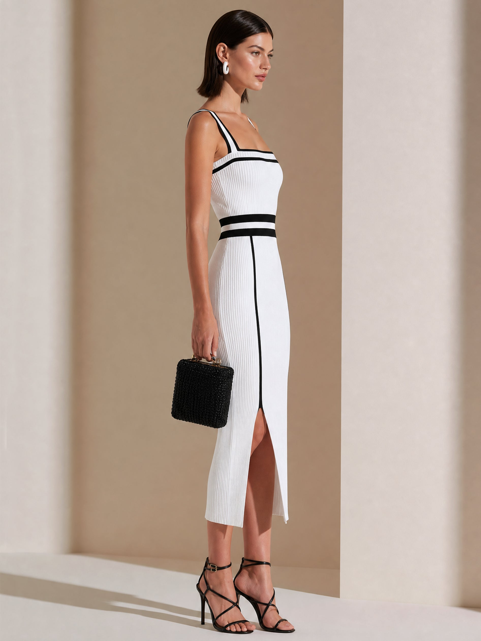 Contrast Trim Knit Bodycon Midi Dress With Side Slit