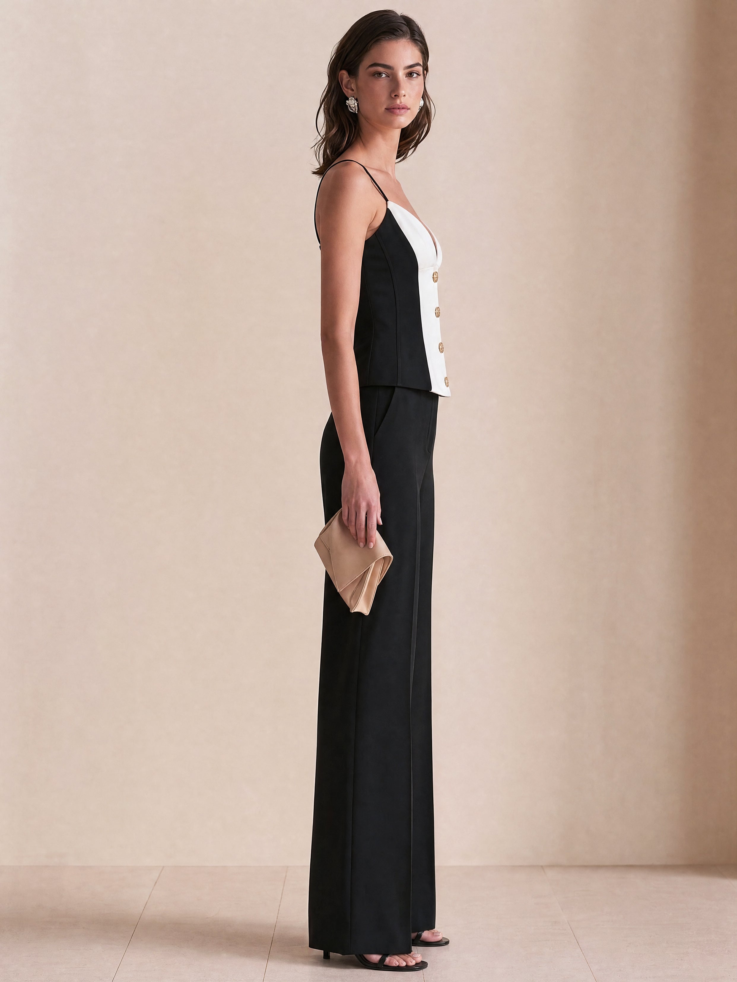 Contrast Color Corset Cami Top and Wide Leg Pants Two-Piece Set