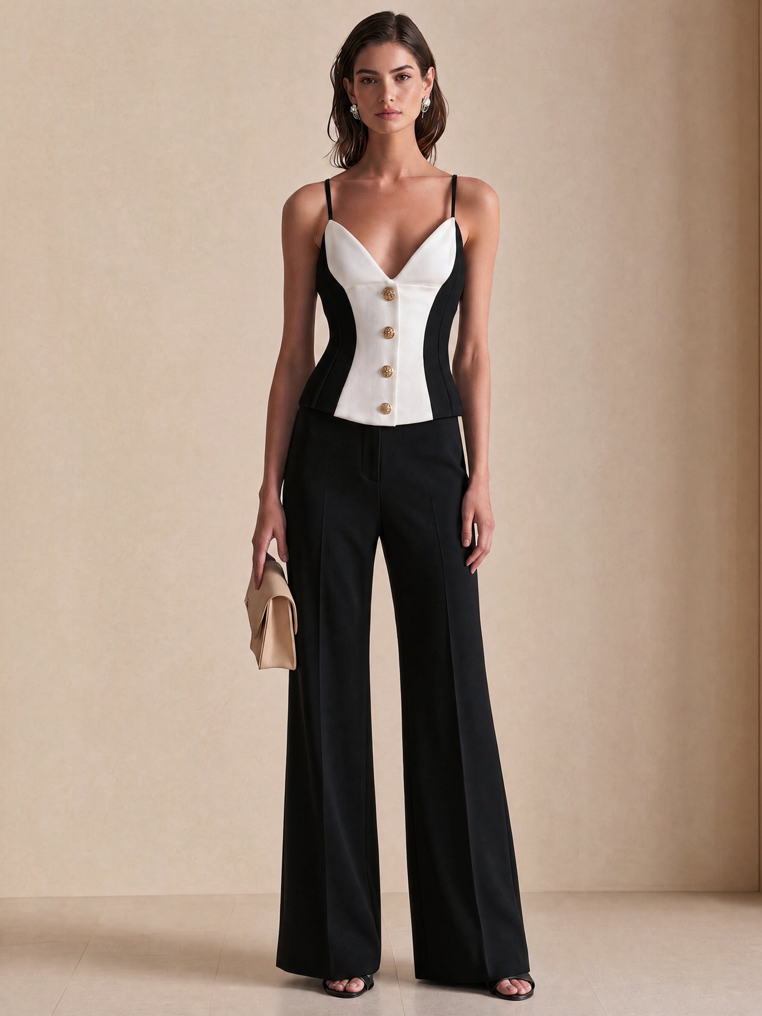 Contrast Color Corset Cami Top and Wide Leg Pants Two-Piece Set