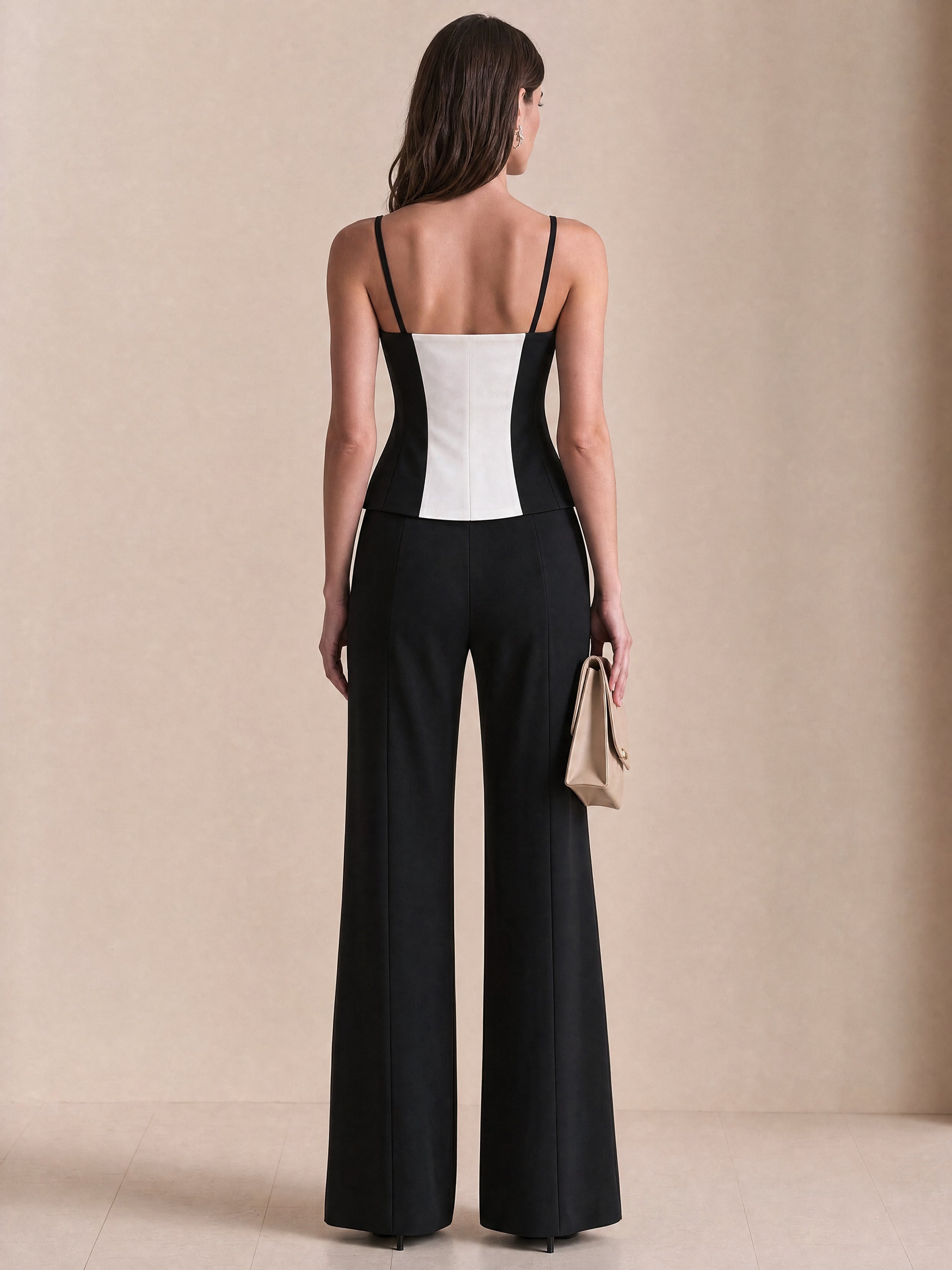 Contrast Color Corset Cami Top and Wide Leg Pants Two-Piece Set