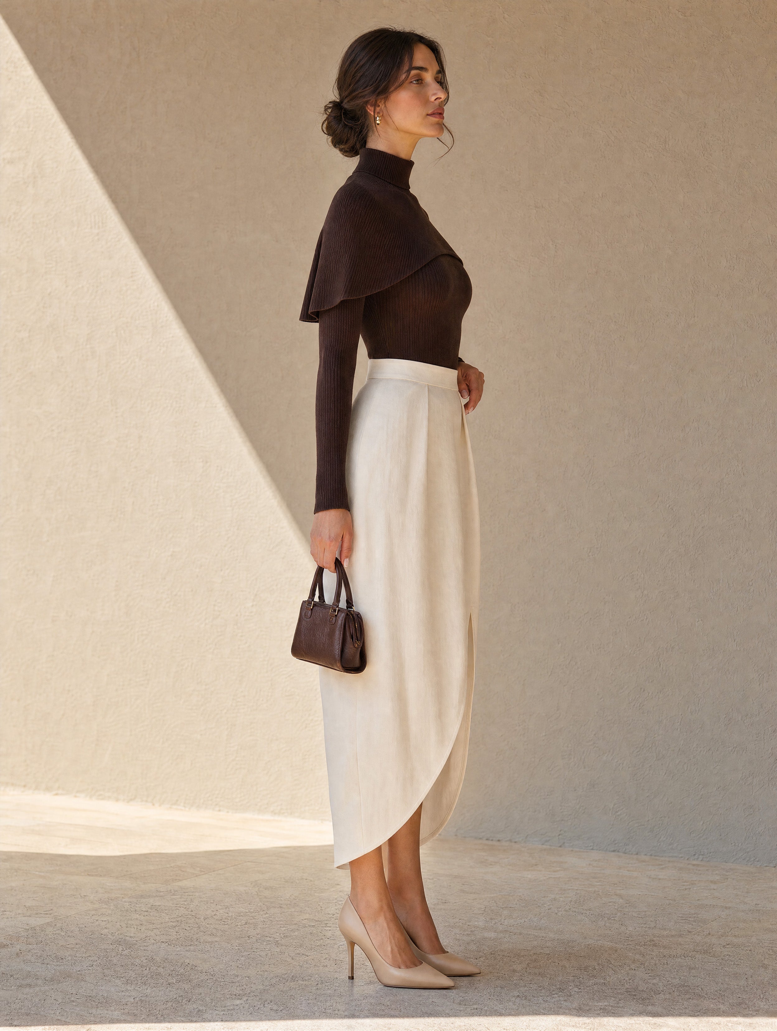 Elegant Turtleneck Cape Knit Top &High-Waist Slit Midi Skirt Set